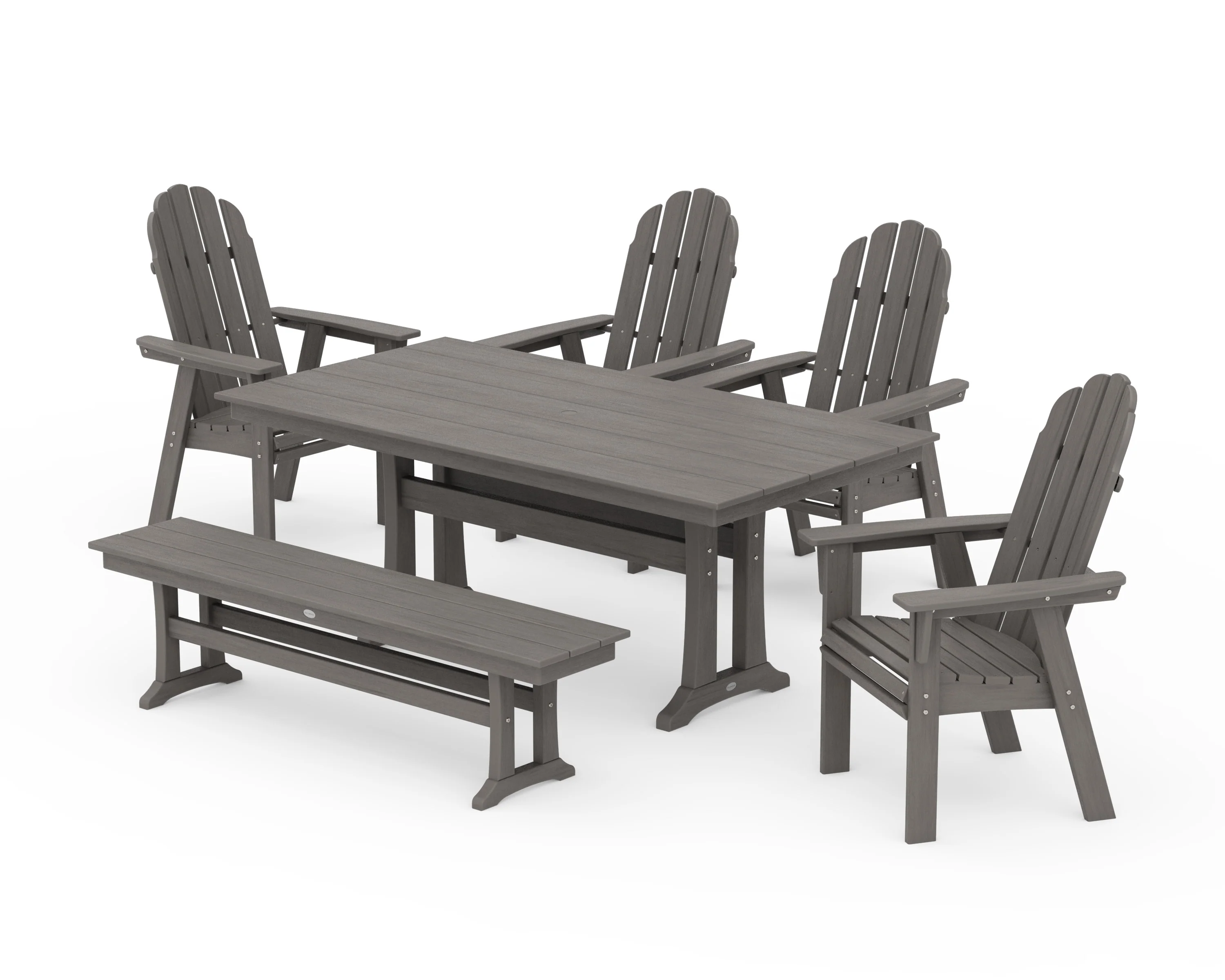 Vineyard Curveback Adirondack Chair 6-Piece Farmhouse Dining Set with Trestle Legs and Bench - Image 14