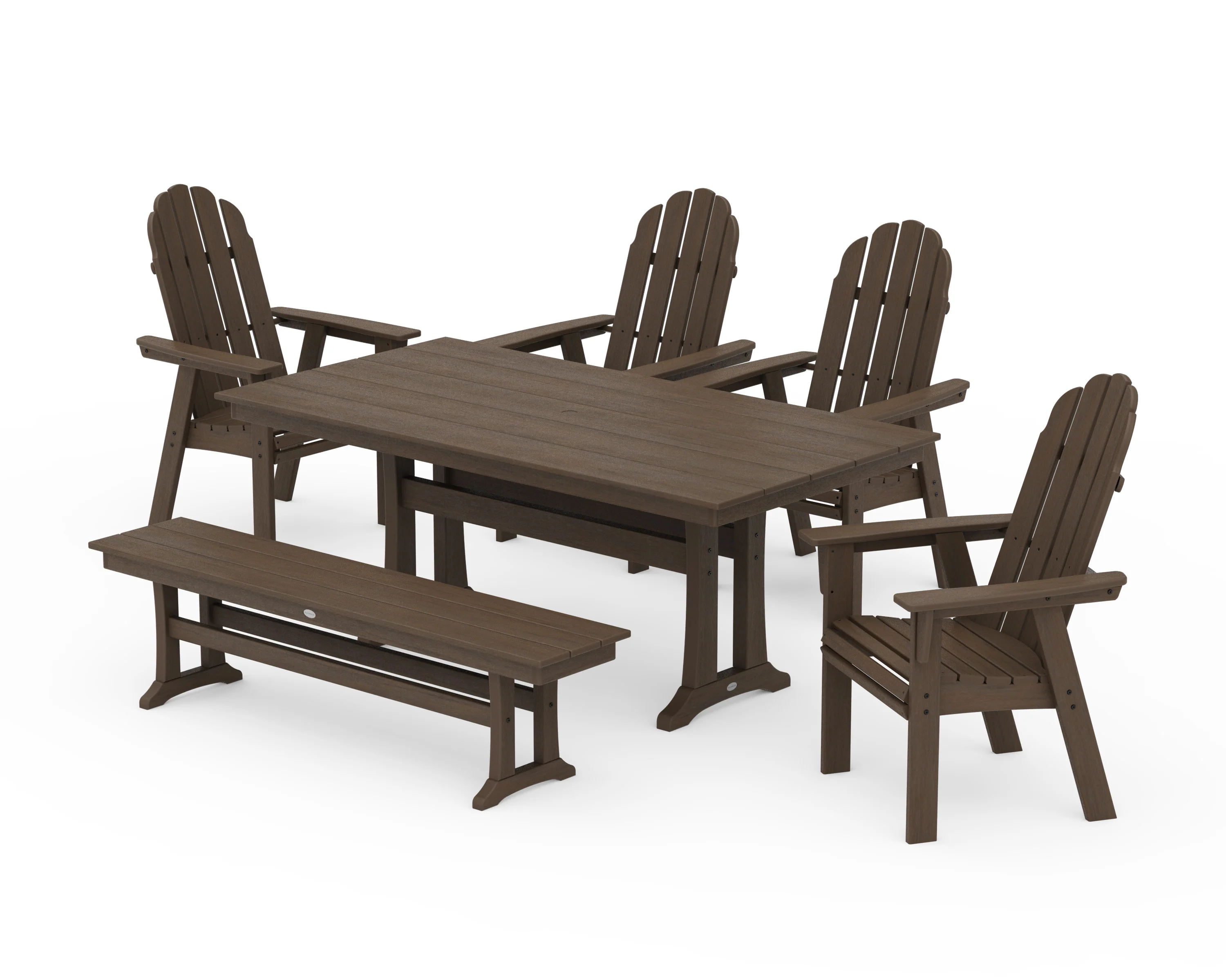 Vineyard Curveback Adirondack Chair 6-Piece Farmhouse Dining Set with Trestle Legs and Bench - Image 15