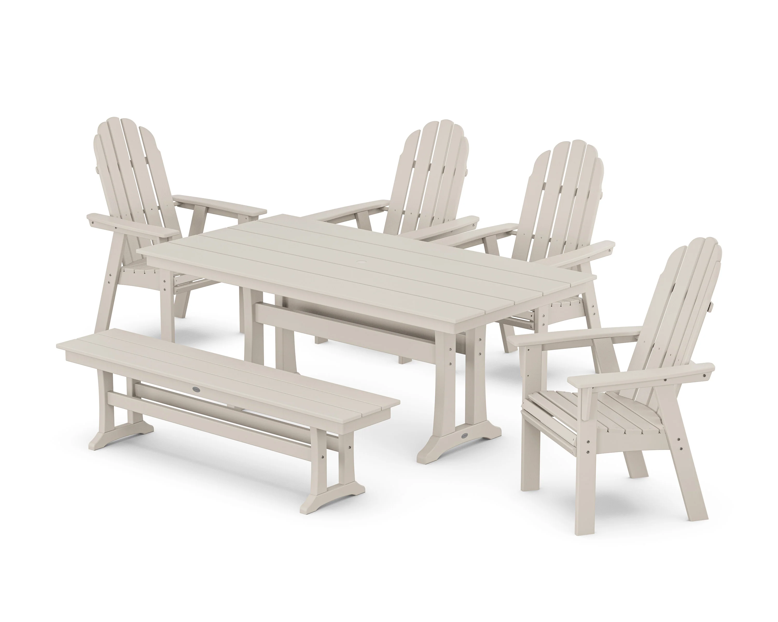 Vineyard Curveback Adirondack Chair 6-Piece Farmhouse Dining Set with Trestle Legs and Bench - Image 7