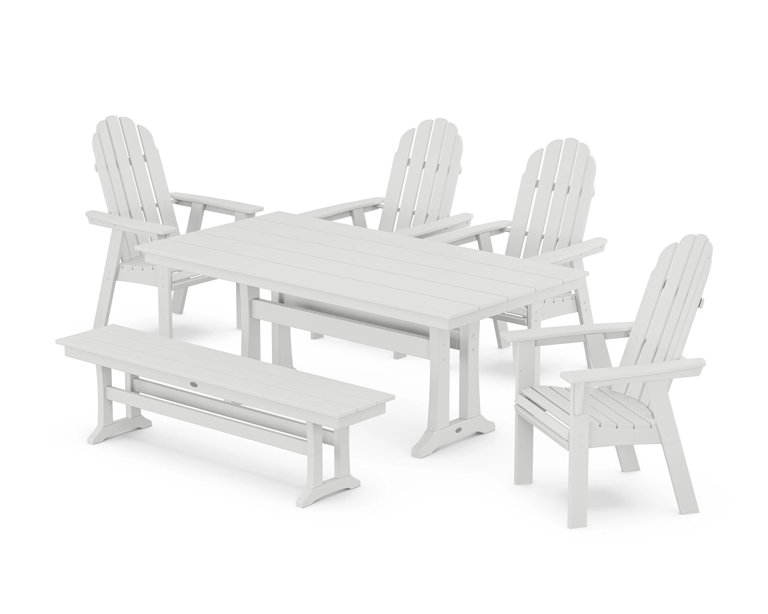 Vineyard Curveback Adirondack Chair 6-Piece Farmhouse Dining Set with Trestle Legs and Bench - Image 9