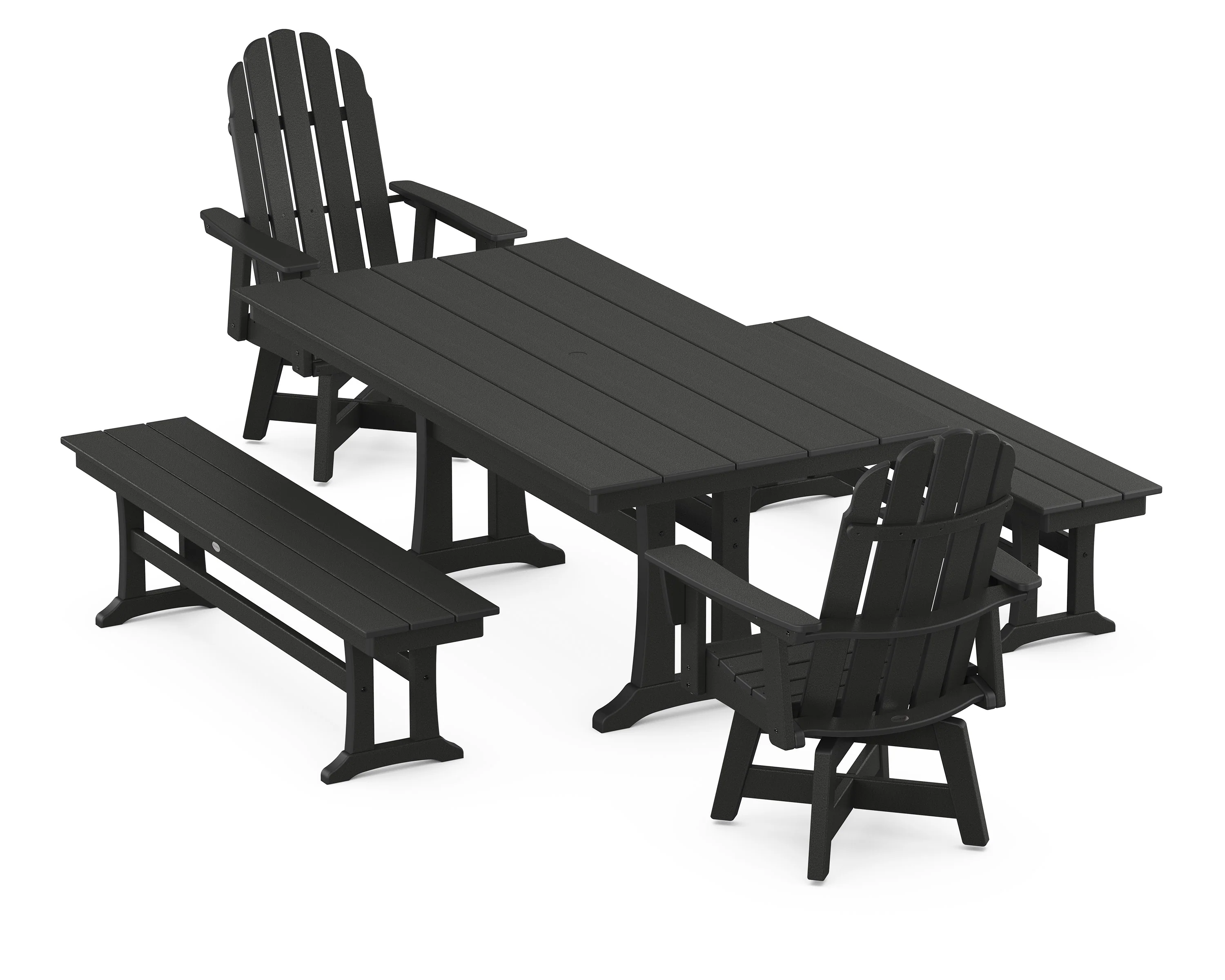 Vineyard Curveback Adirondack Swivel Chair 5-Piece Farmhouse Dining Set With Trestle Legs and Benches - Image 10