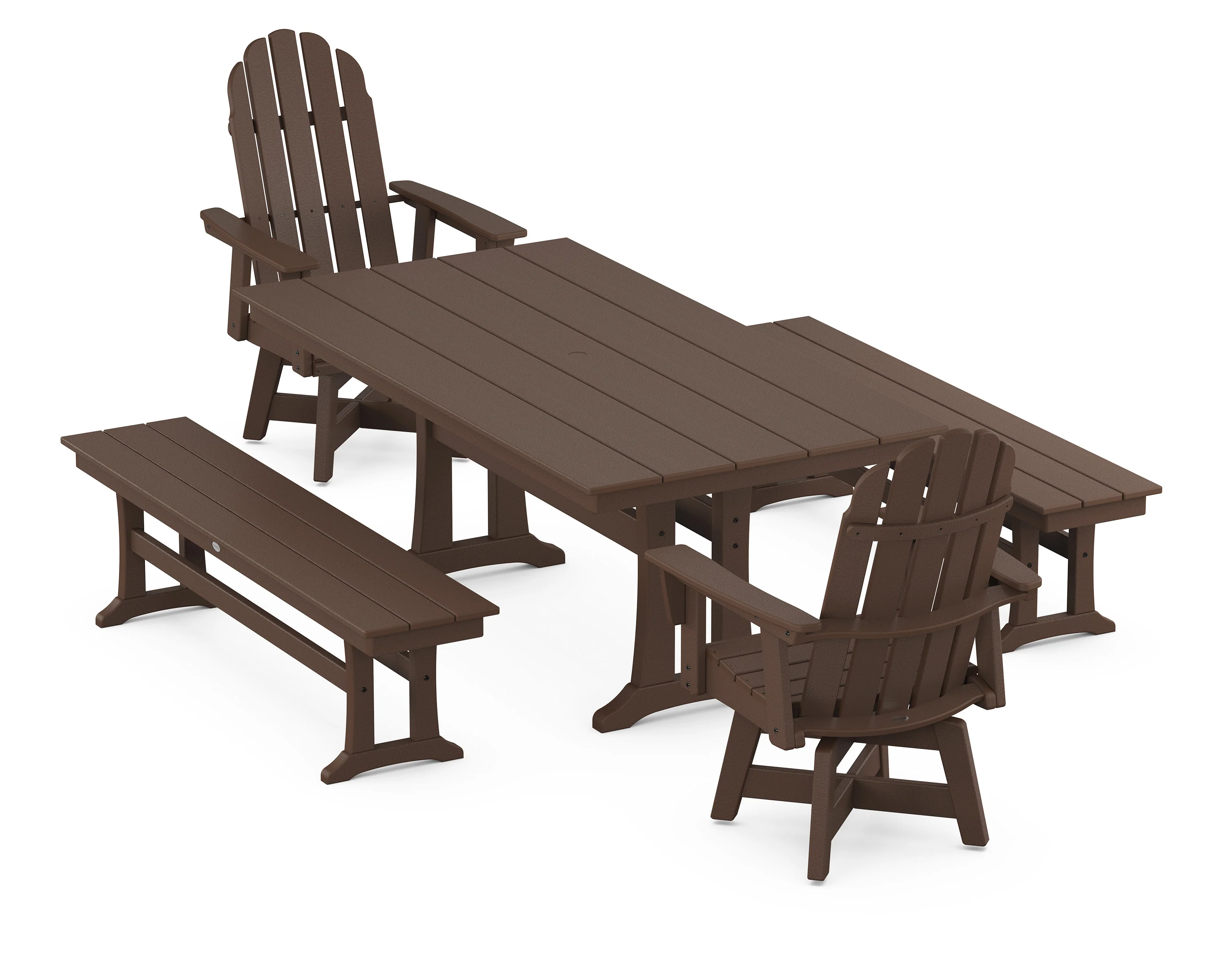 Vineyard Curveback Adirondack Swivel Chair 5-Piece Farmhouse Dining Set With Trestle Legs and Benches - Image 12
