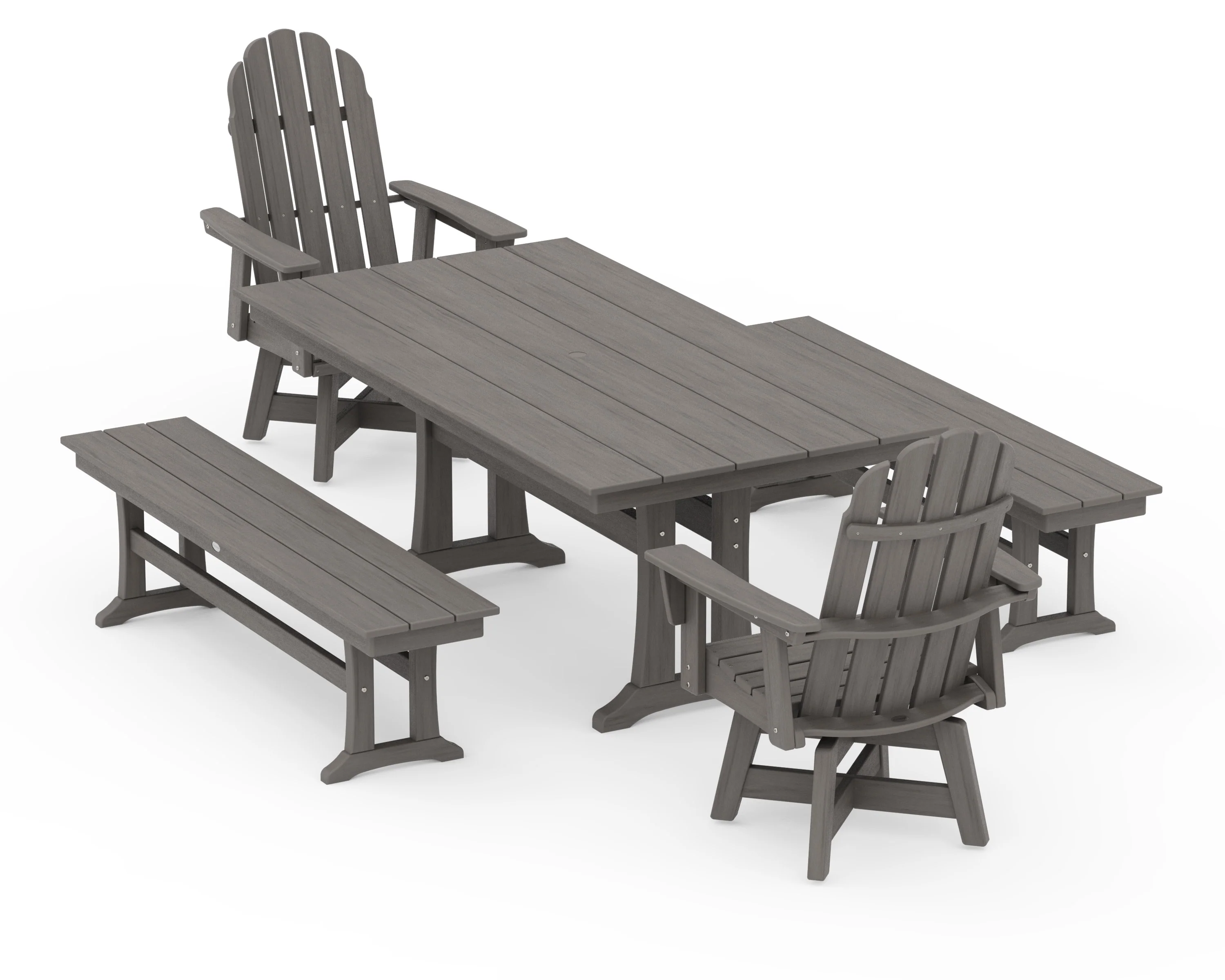 Vineyard Curveback Adirondack Swivel Chair 5-Piece Farmhouse Dining Set With Trestle Legs and Benches - Image 14