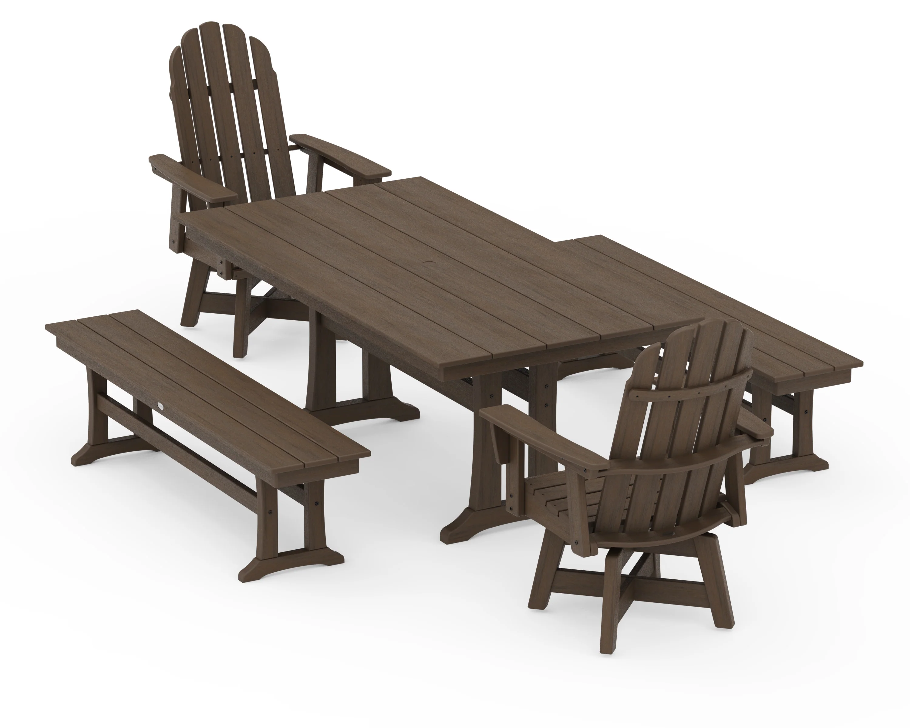 Vineyard Curveback Adirondack Swivel Chair 5-Piece Farmhouse Dining Set With Trestle Legs and Benches - Image 15