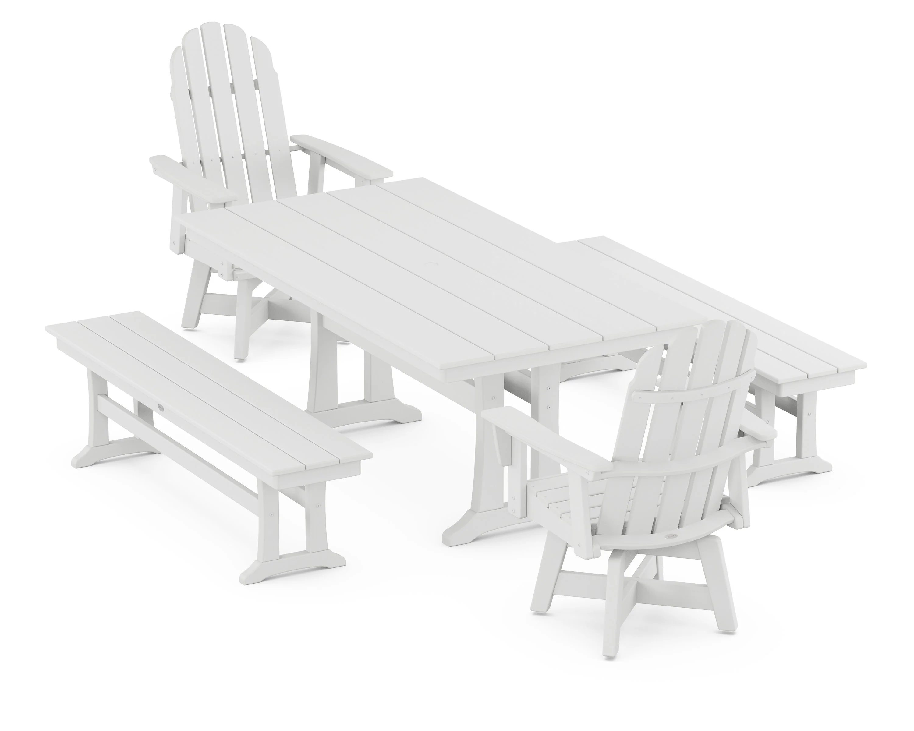 Vineyard Curveback Adirondack Swivel Chair 5-Piece Farmhouse Dining Set With Trestle Legs and Benches - Image 4
