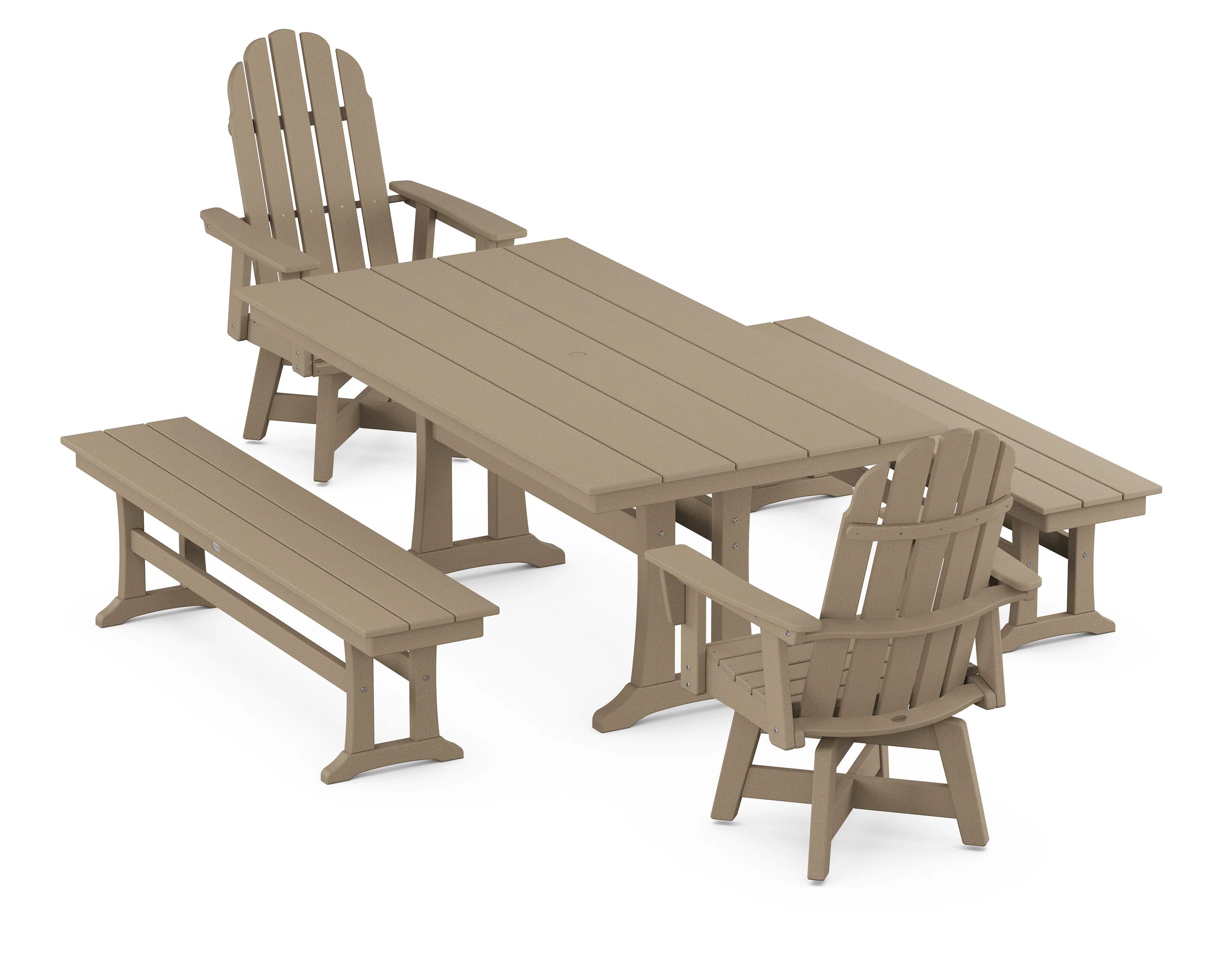 Vineyard Curveback Adirondack Swivel Chair 5-Piece Farmhouse Dining Set With Trestle Legs and Benches - Image 5