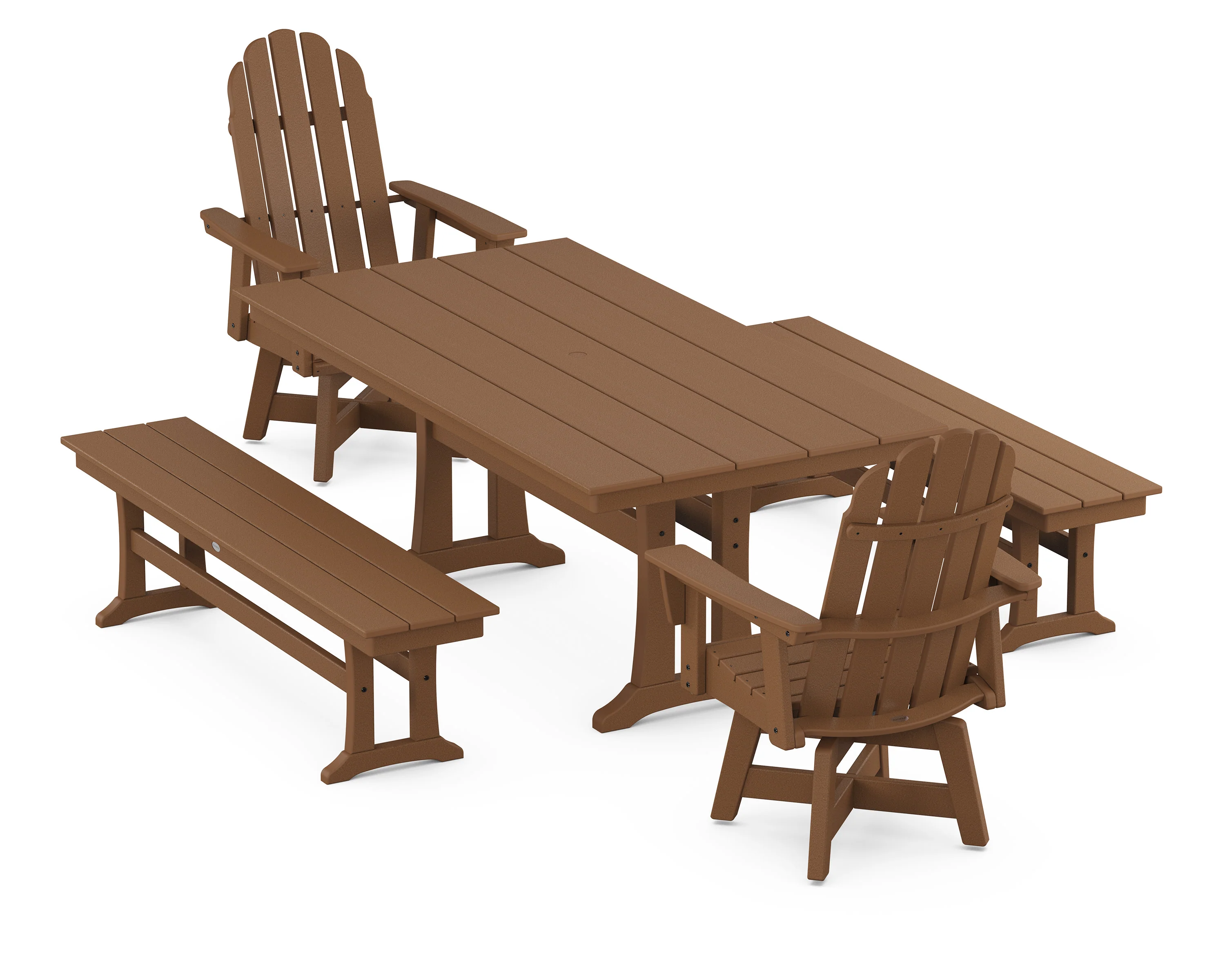 Vineyard Curveback Adirondack Swivel Chair 5-Piece Farmhouse Dining Set With Trestle Legs and Benches - Image 6