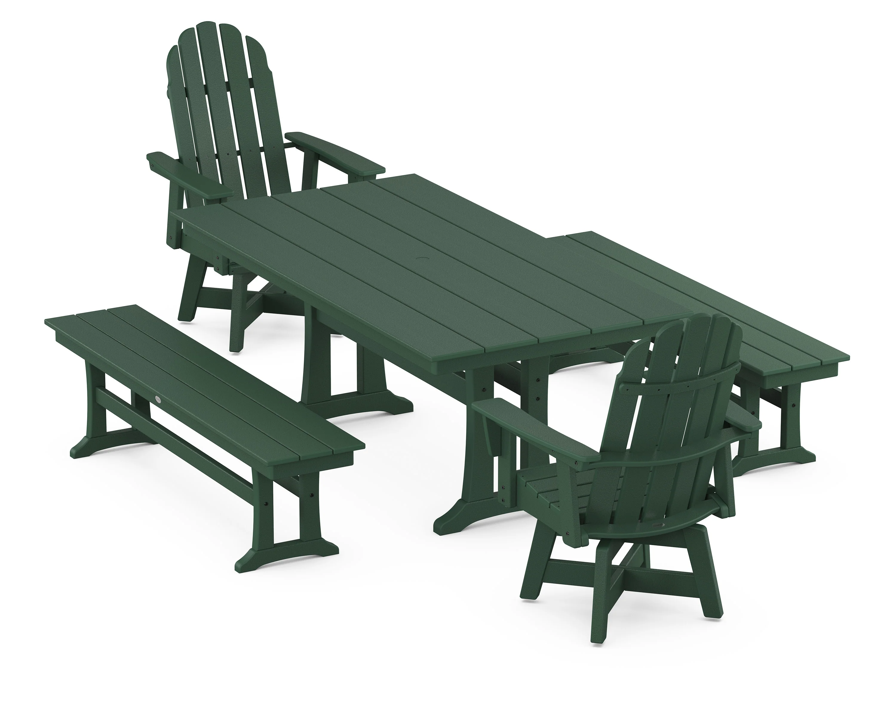 Vineyard Curveback Adirondack Swivel Chair 5-Piece Farmhouse Dining Set With Trestle Legs and Benches - Image 7