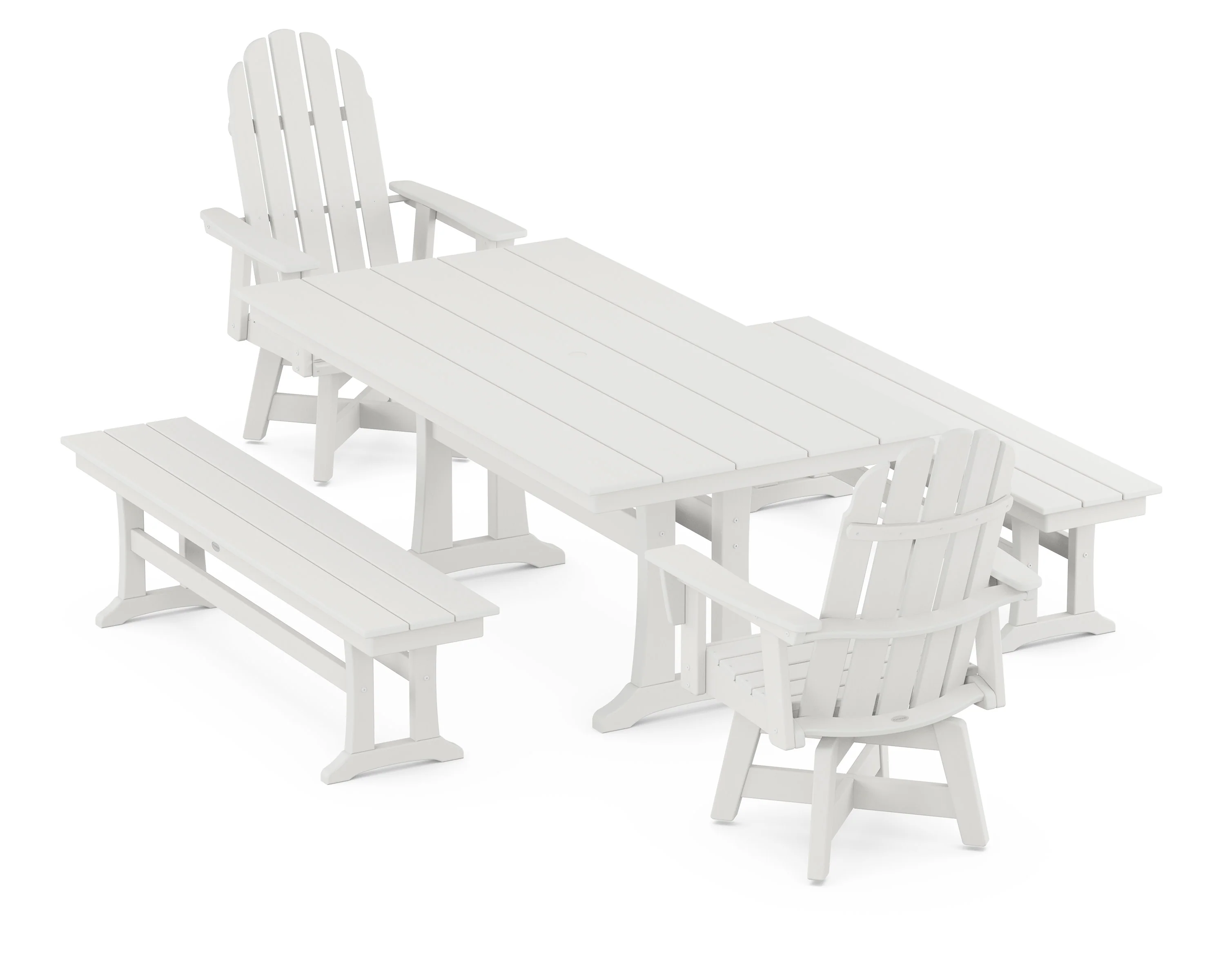 Vineyard Curveback Adirondack Swivel Chair 5-Piece Farmhouse Dining Set With Trestle Legs and Benches - Image 8