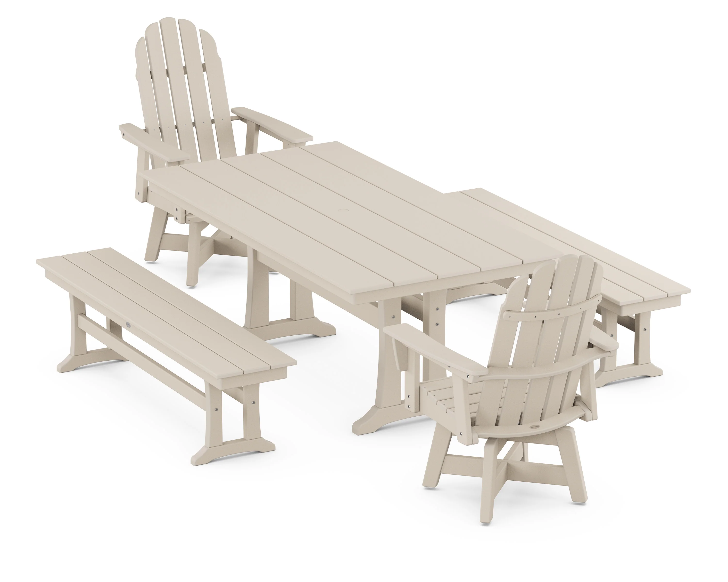 Vineyard Curveback Adirondack Swivel Chair 5-Piece Farmhouse Dining Set With Trestle Legs and Benches - Image 9