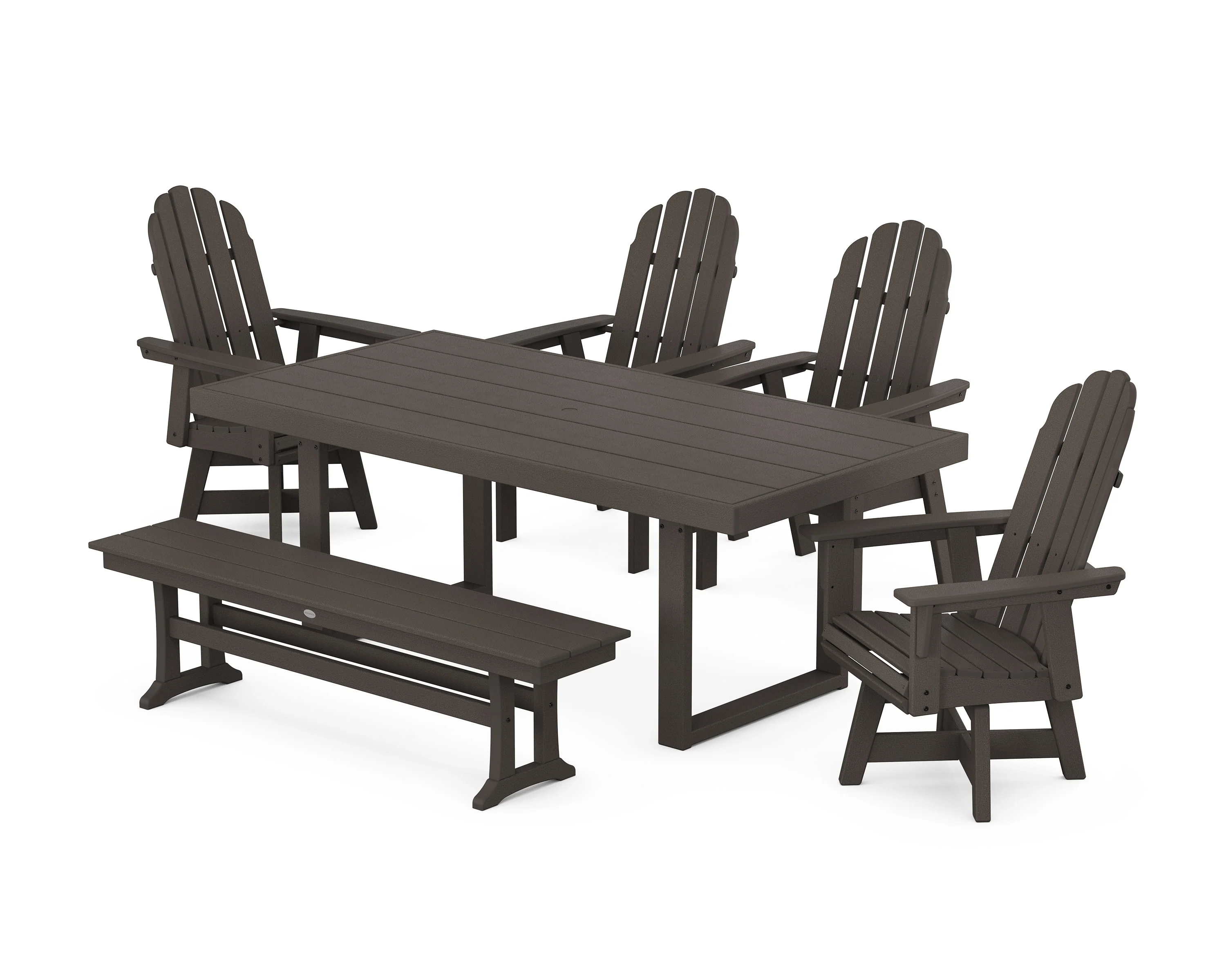 Vineyard Curveback Adirondack Swivel Chair 6-Piece Dining Set with Bench - Image 9