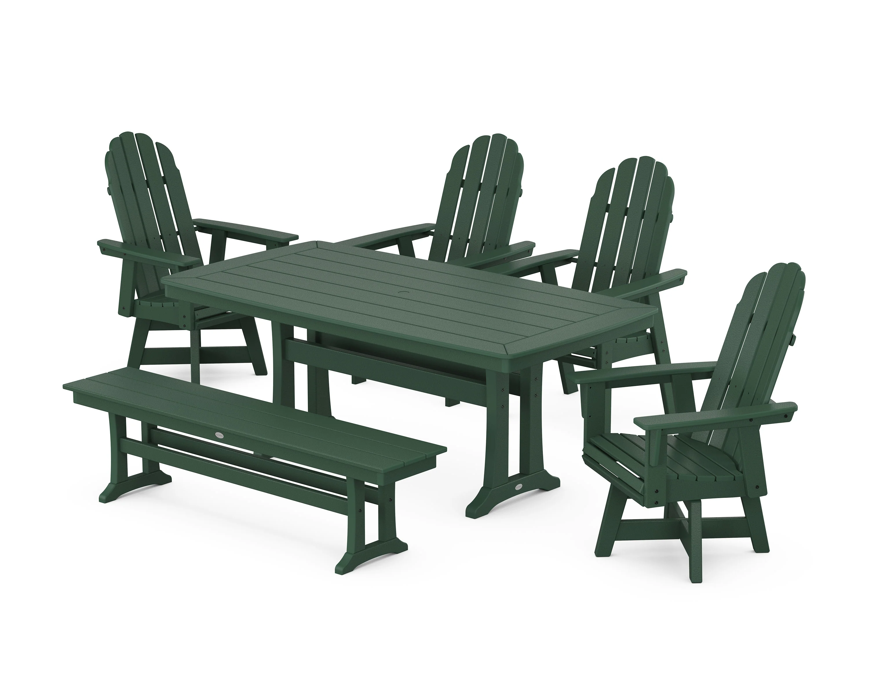 Vineyard Curveback Adirondack Swivel Chair 6-Piece Dining Set with Trestle Legs and Bench - Image 10