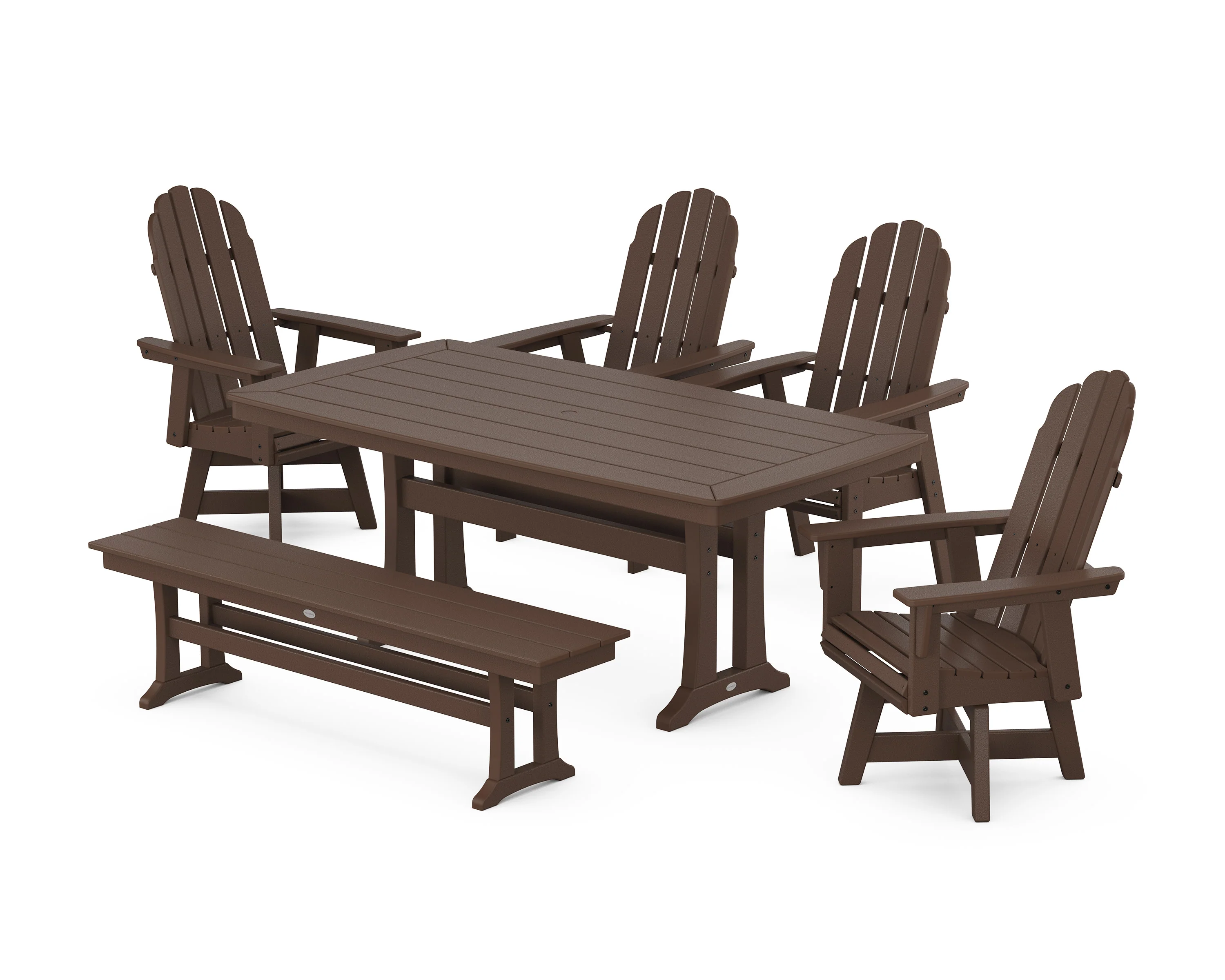 Vineyard Curveback Adirondack Swivel Chair 6-Piece Dining Set with Trestle Legs and Bench - Image 11