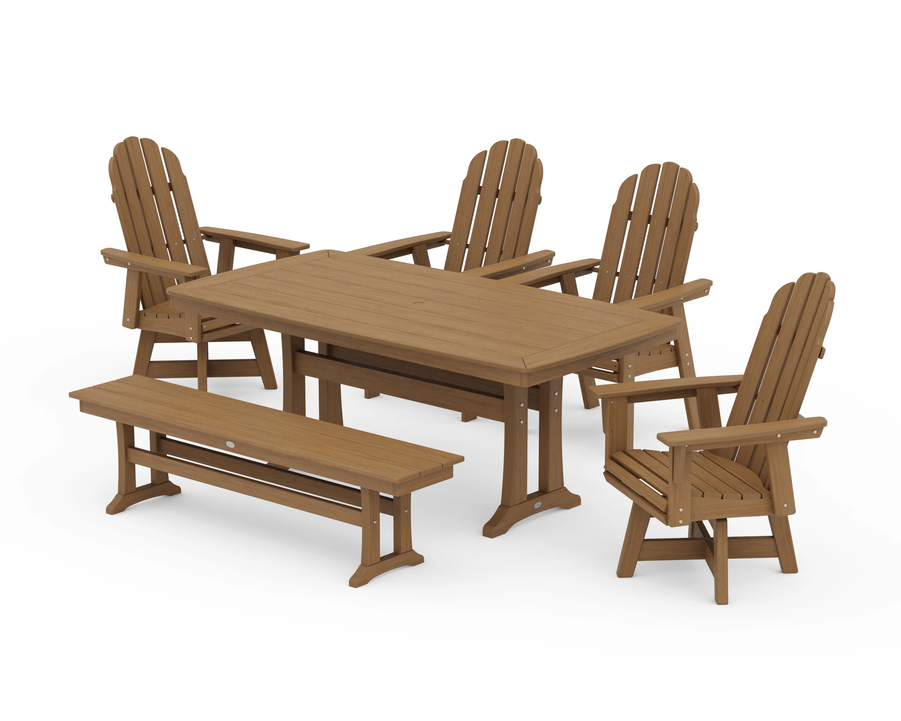Vineyard Curveback Adirondack Swivel Chair 6-Piece Dining Set with Trestle Legs and Bench - Image 13