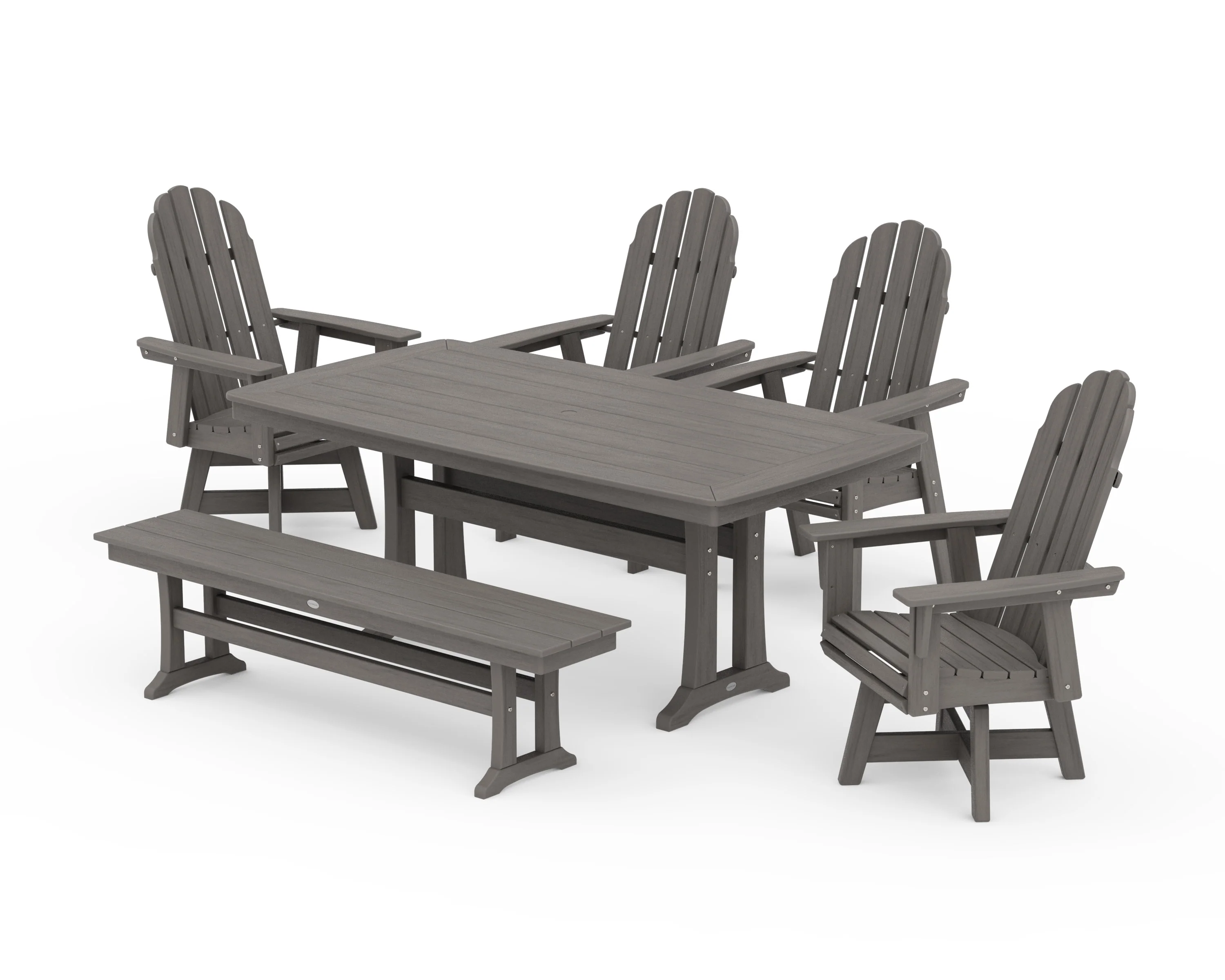 Vineyard Curveback Adirondack Swivel Chair 6-Piece Dining Set with Trestle Legs and Bench - Image 14