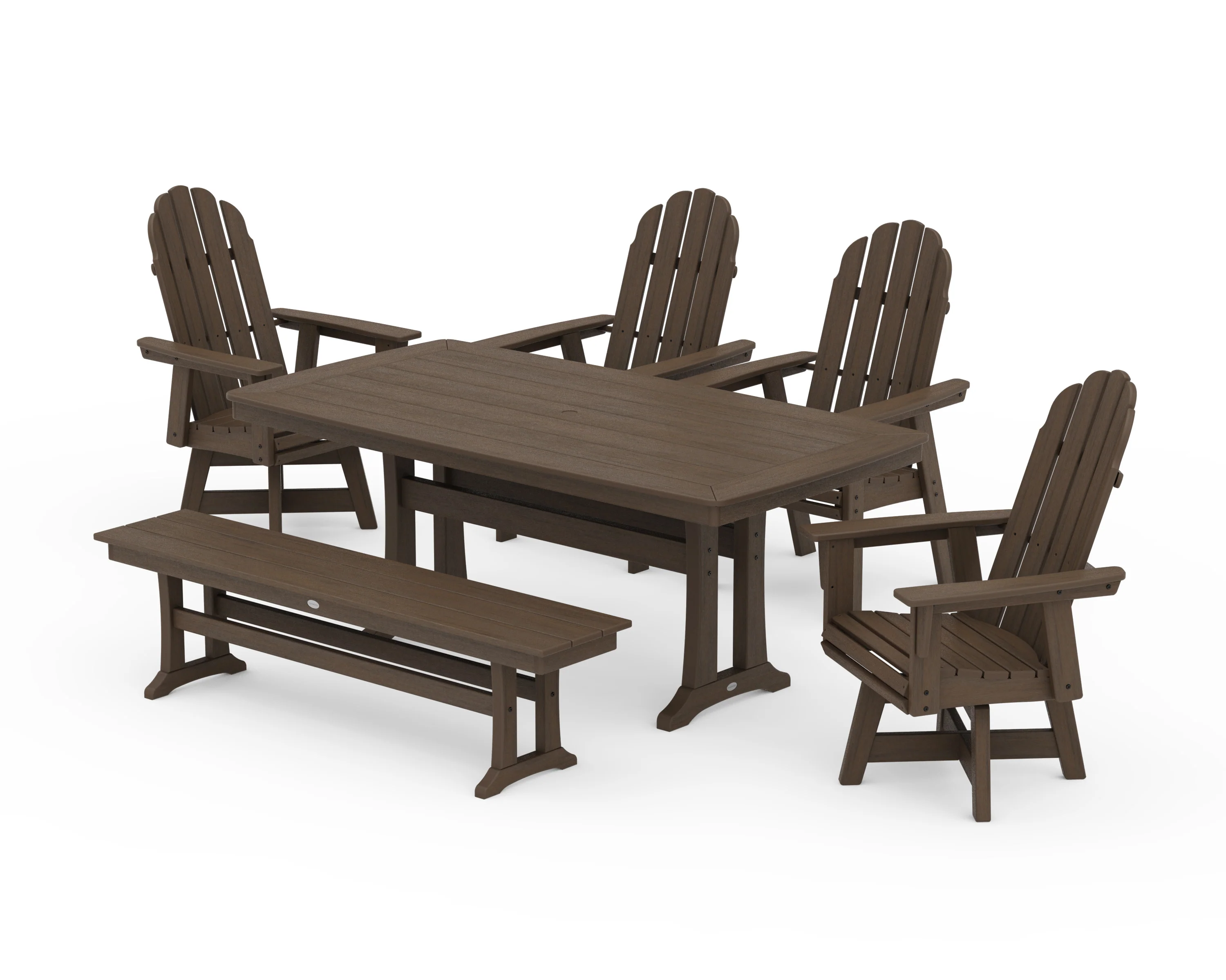 Vineyard Curveback Adirondack Swivel Chair 6-Piece Dining Set with Trestle Legs and Bench - Image 15