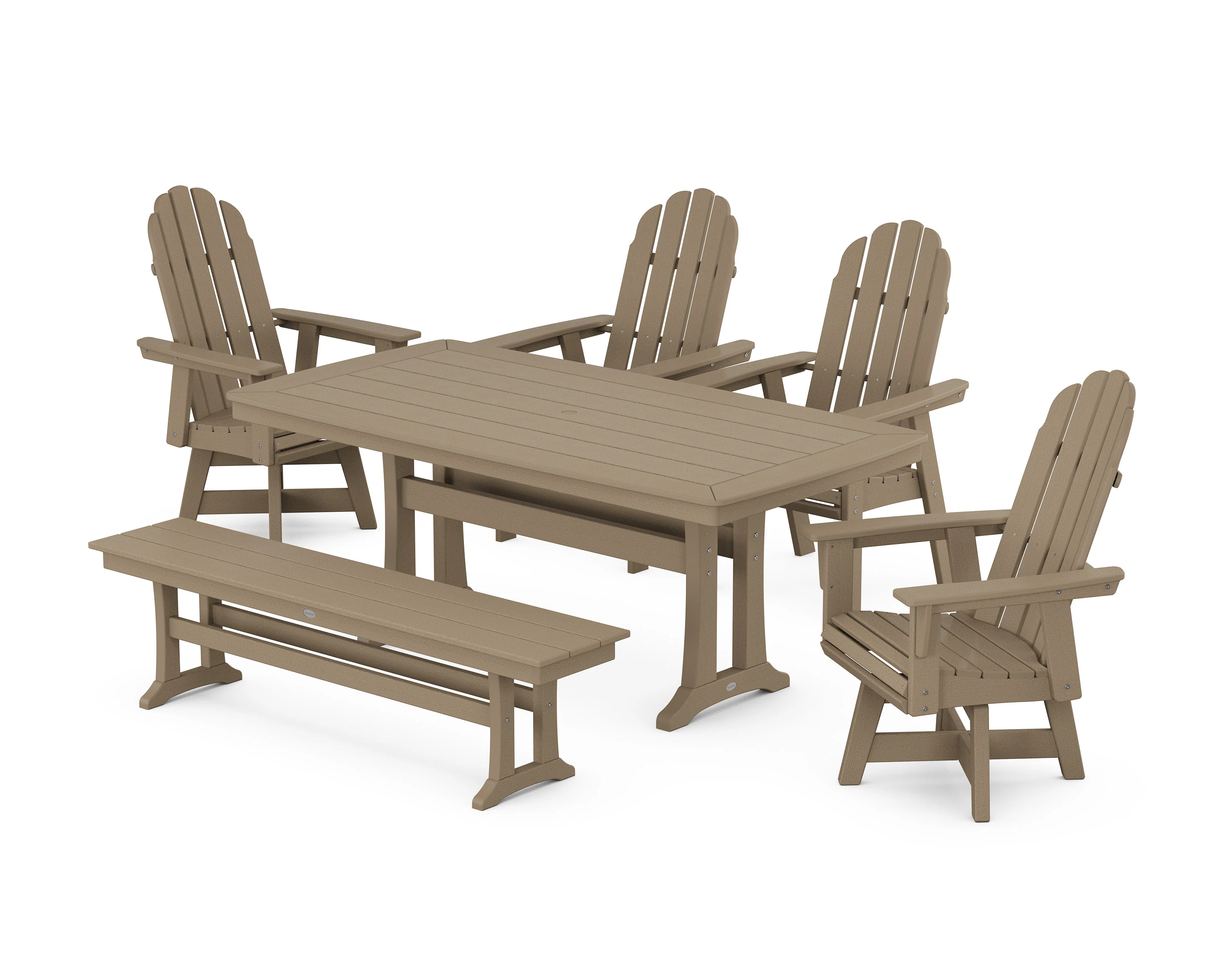Vineyard Curveback Adirondack Swivel Chair 6-Piece Dining Set with Trestle Legs and Bench - Image 4