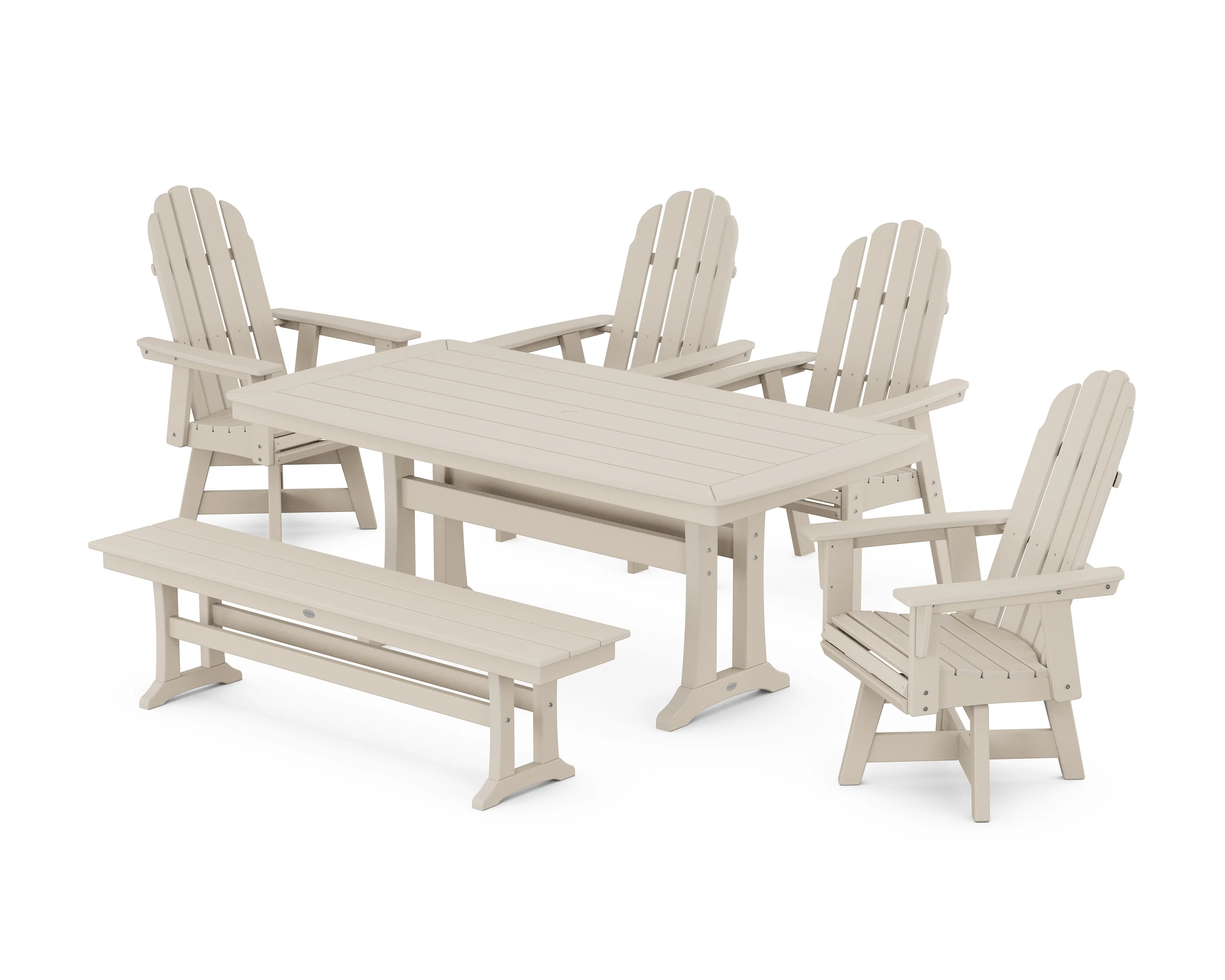 Vineyard Curveback Adirondack Swivel Chair 6-Piece Dining Set with Trestle Legs and Bench - Image 6