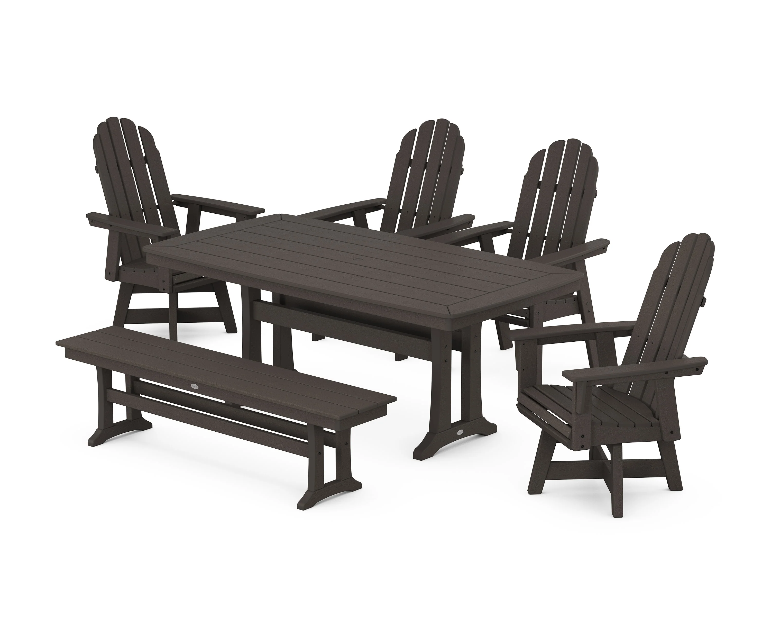 Vineyard Curveback Adirondack Swivel Chair 6-Piece Dining Set with Trestle Legs and Bench - Image 7