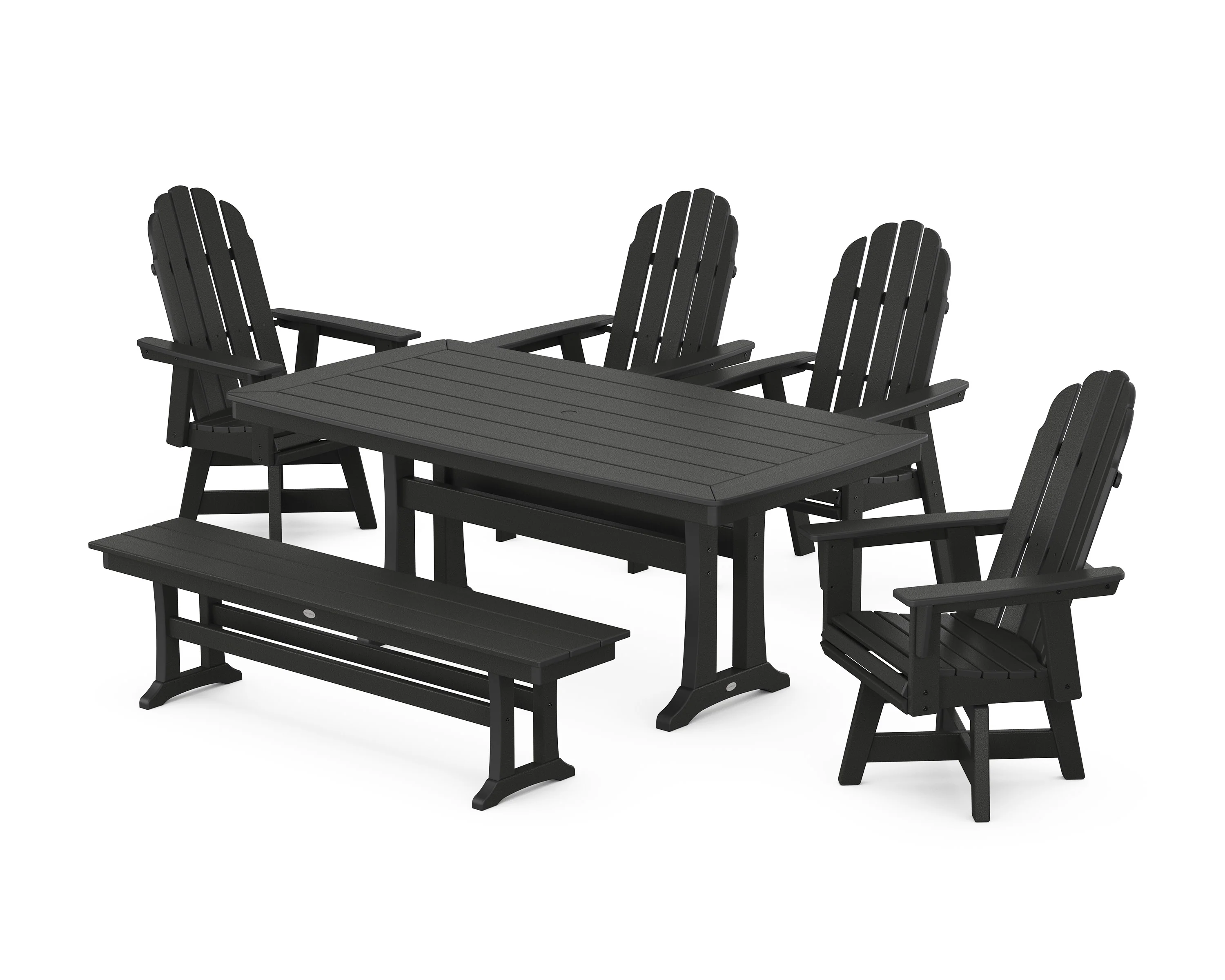 Vineyard Curveback Adirondack Swivel Chair 6-Piece Dining Set with Trestle Legs and Bench - Image 8