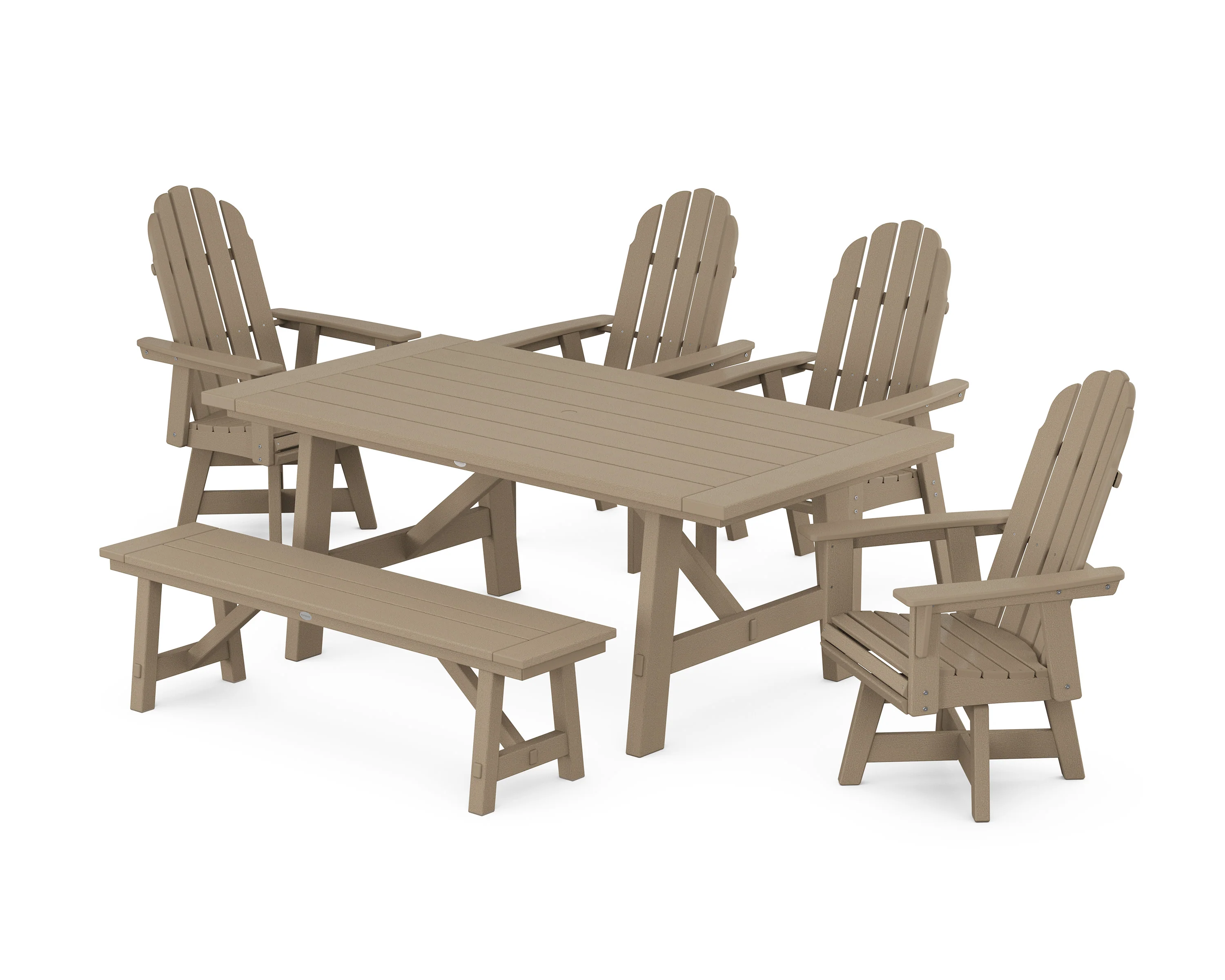 Vineyard Curveback Adirondack Swivel Chair 6-Piece Rustic Farmhouse Dining Set With Bench - Image 10