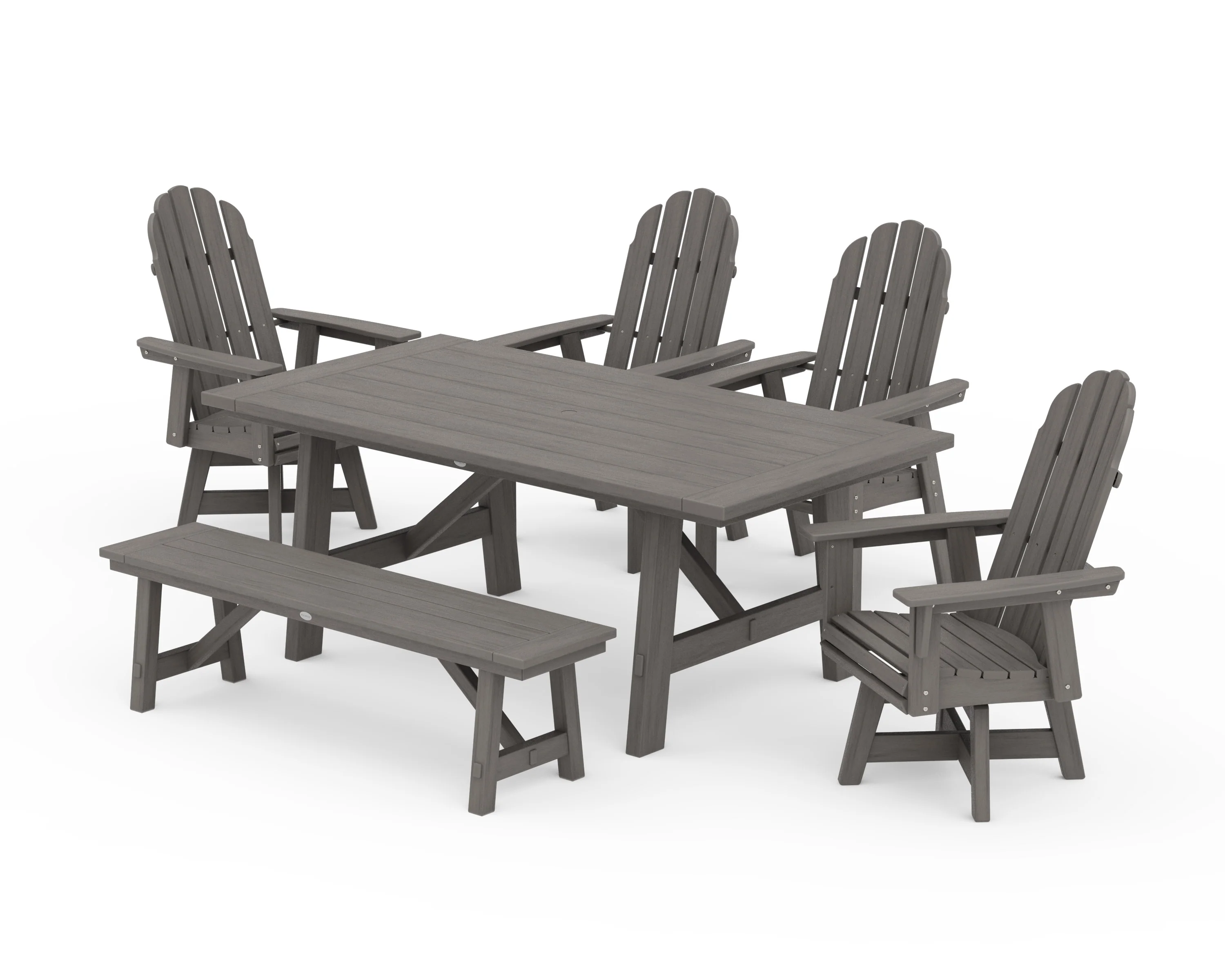Vineyard Curveback Adirondack Swivel Chair 6-Piece Rustic Farmhouse Dining Set With Bench - Image 14