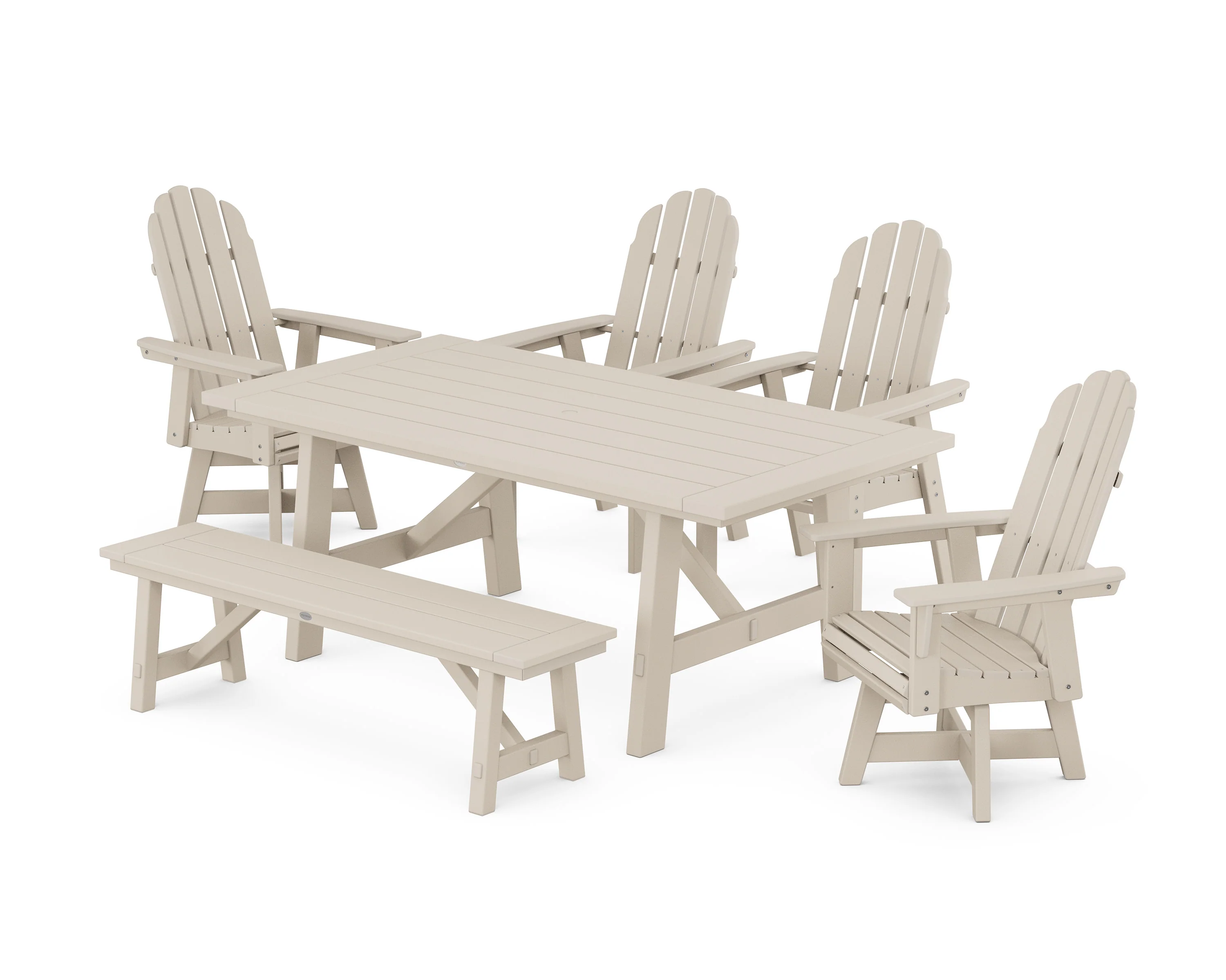 Vineyard Curveback Adirondack Swivel Chair 6-Piece Rustic Farmhouse Dining Set With Bench - Image 4