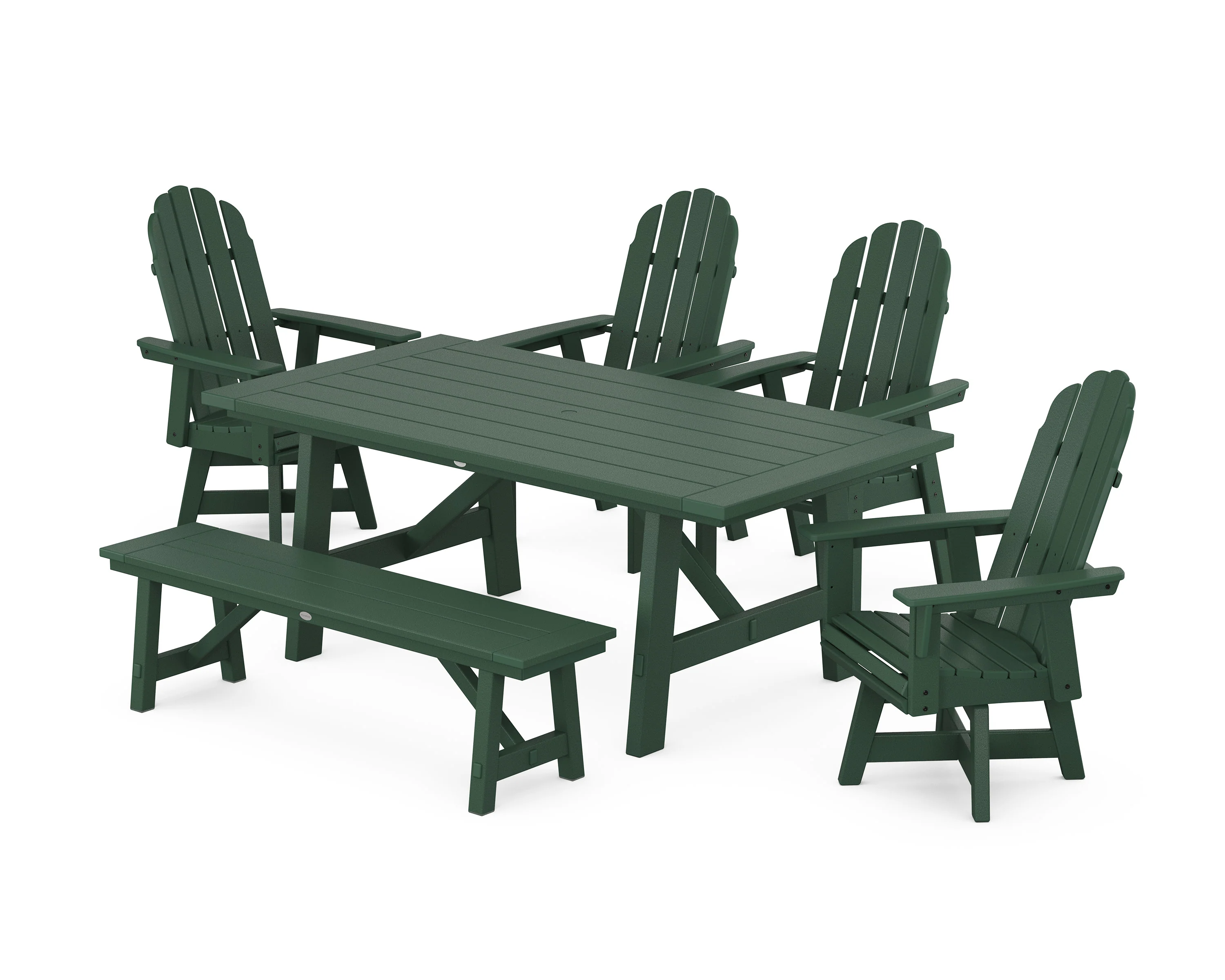 Vineyard Curveback Adirondack Swivel Chair 6-Piece Rustic Farmhouse Dining Set With Bench - Image 7