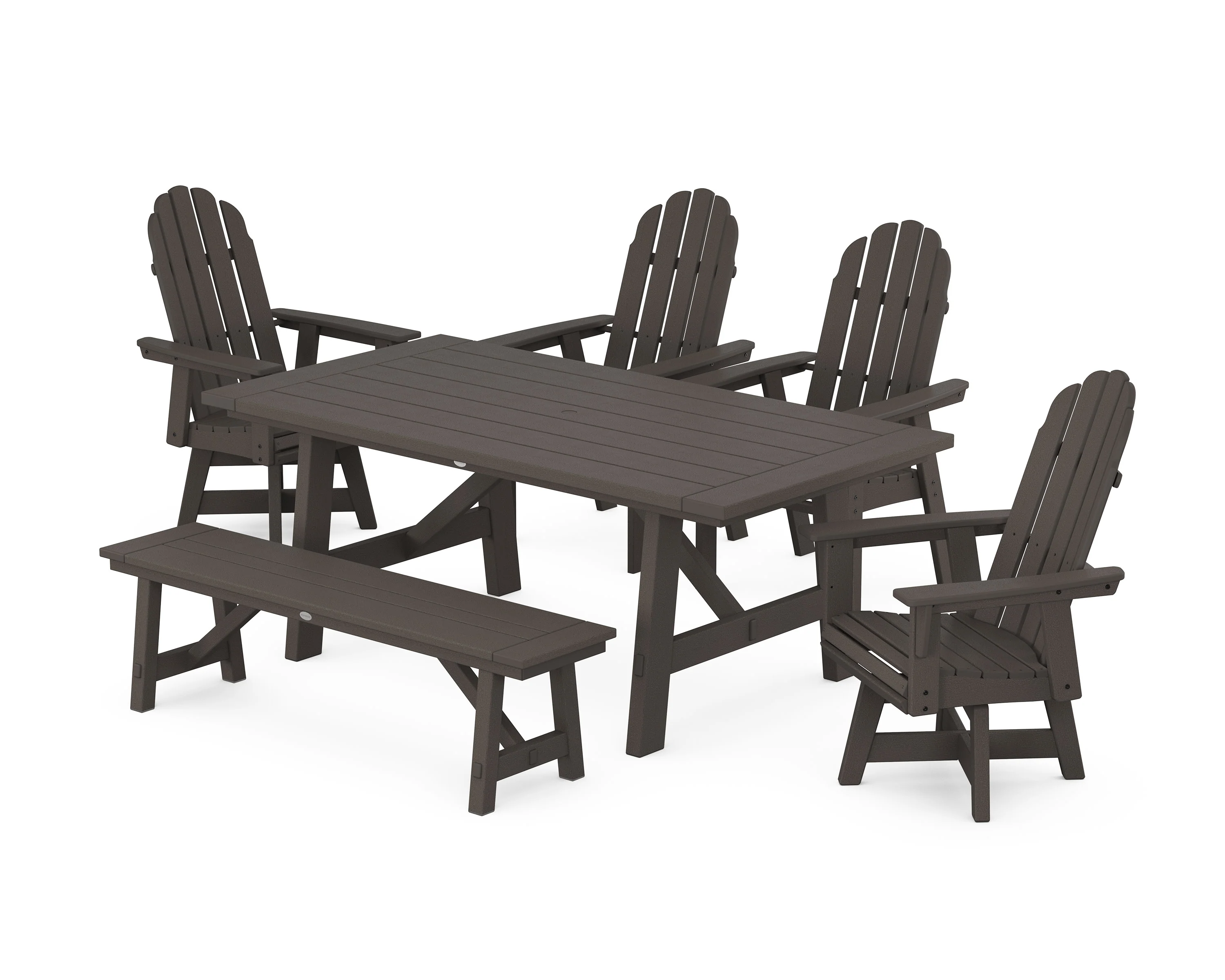 Vineyard Curveback Adirondack Swivel Chair 6-Piece Rustic Farmhouse Dining Set With Bench - Image 8