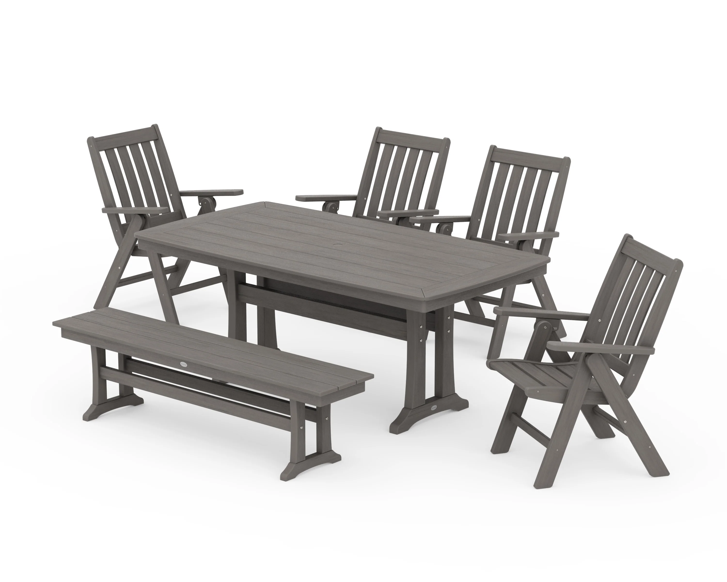 Vineyard Folding Chair 6-Piece Dining Set with Trestle Legs and Bench - Image 14