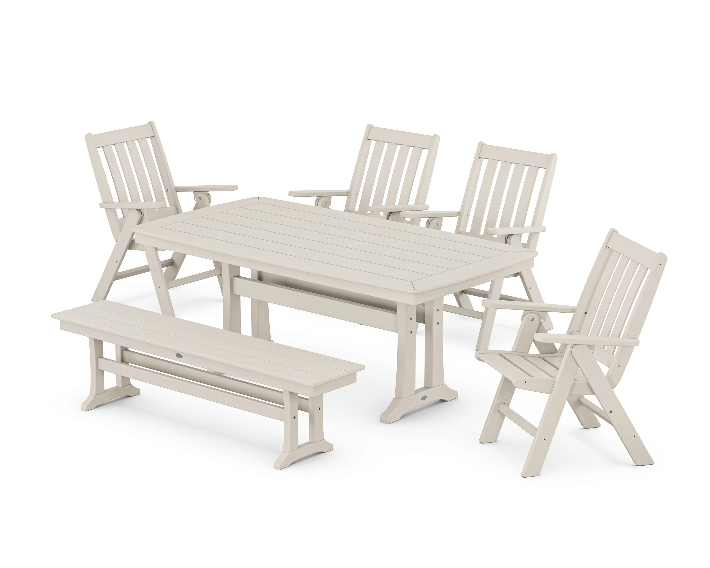 Vineyard Folding Chair 6-Piece Dining Set with Trestle Legs and Bench - Image 7