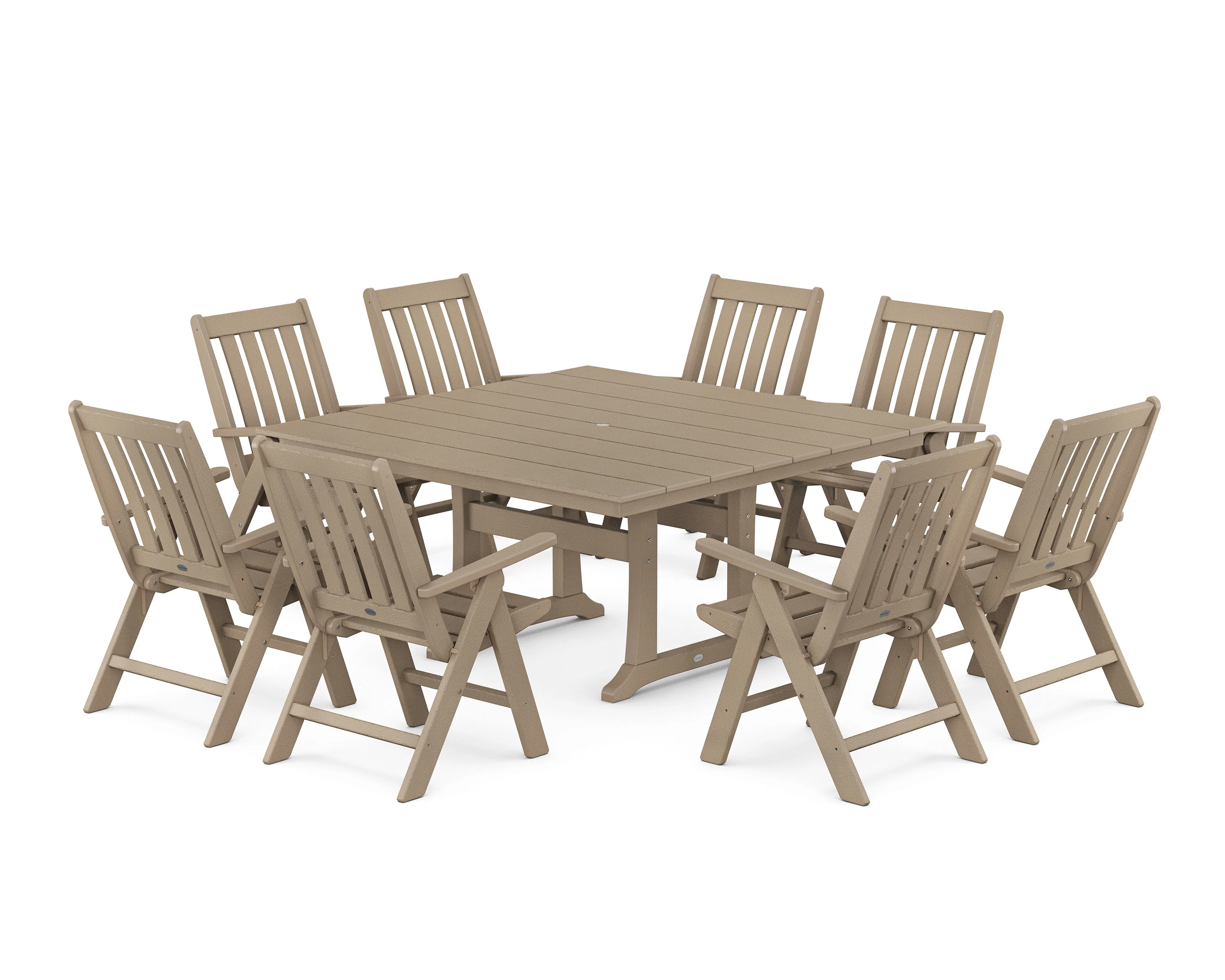 Vineyard Folding Chair 9-Piece Square Farmhouse Dining Set with Trestle Legs - Image 11
