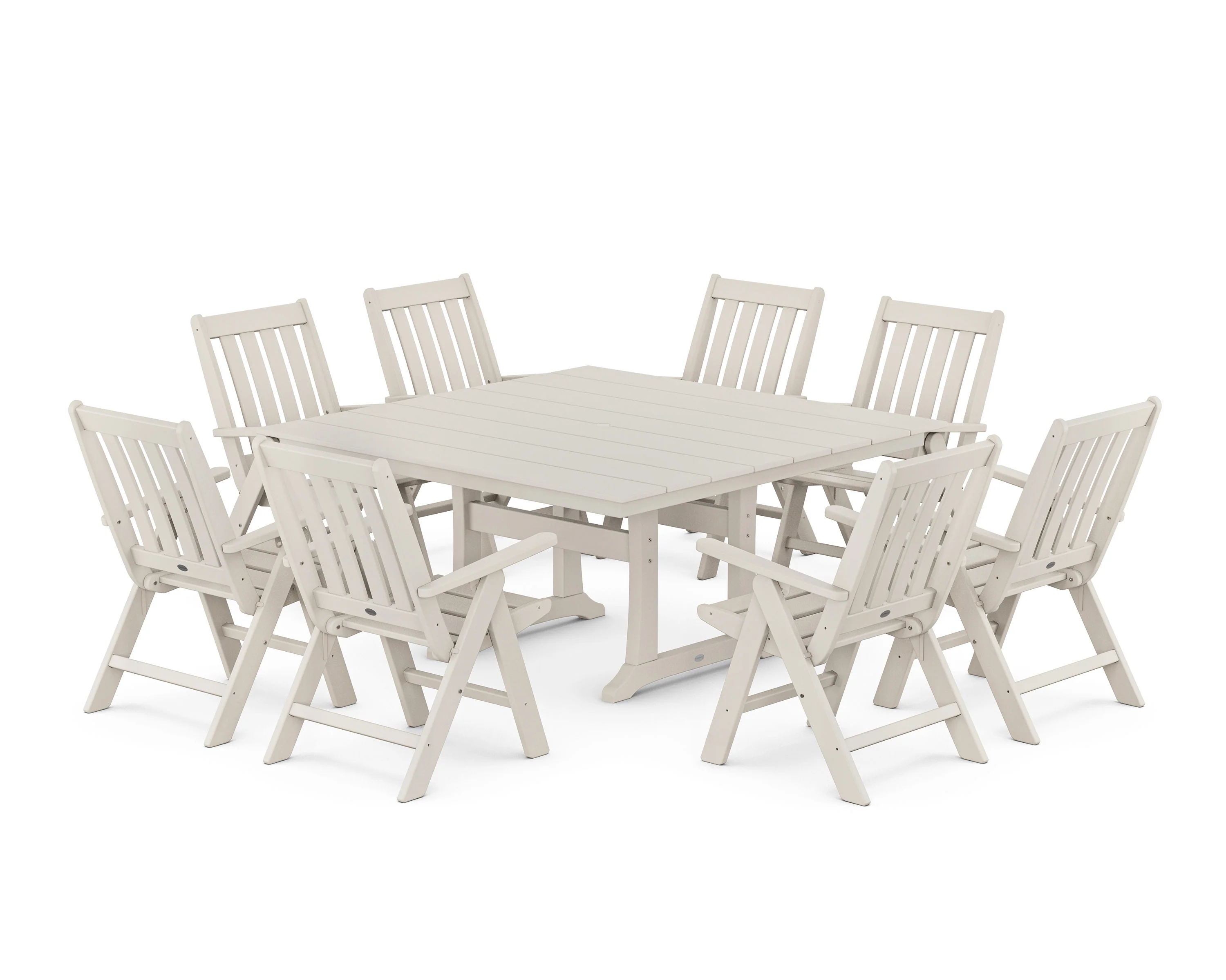 Vineyard Folding Chair 9-Piece Square Farmhouse Dining Set with Trestle Legs - Image 7