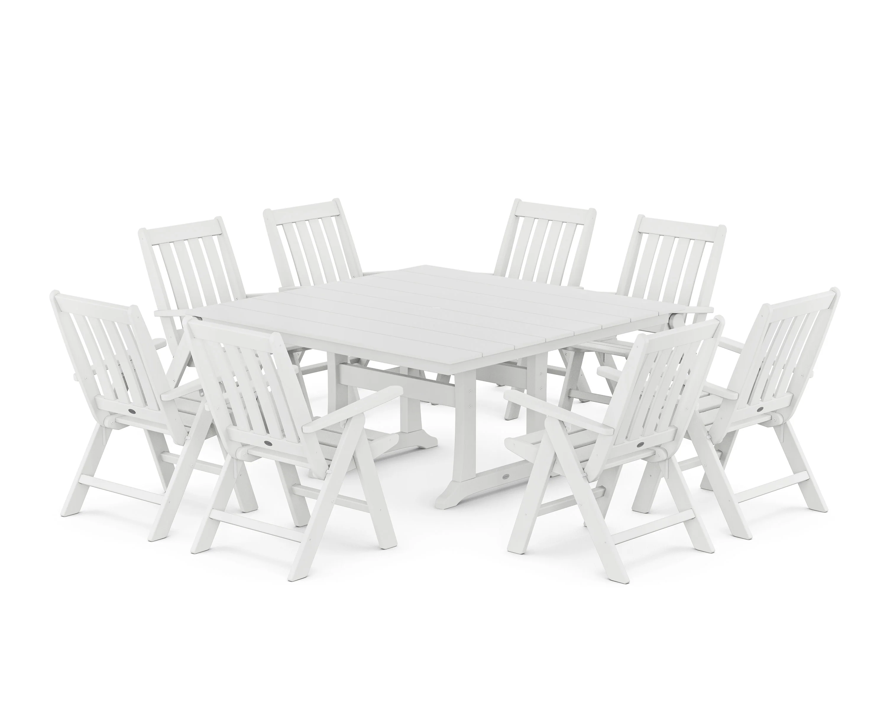 Vineyard Folding Chair 9-Piece Square Farmhouse Dining Set with Trestle Legs - Image 9