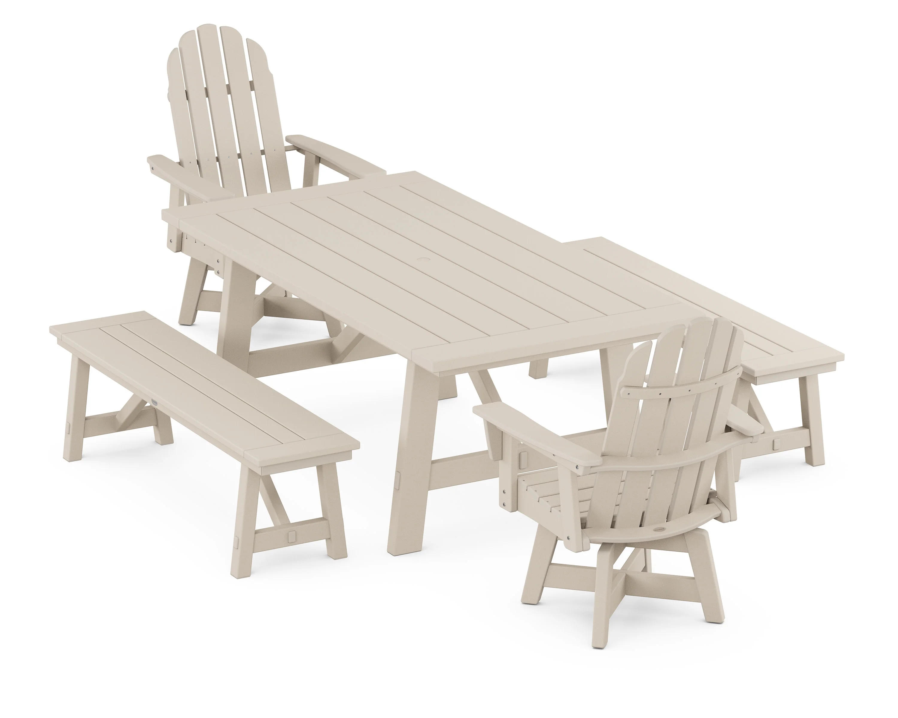 VineyardCurveback Adirondack Swivel Chair 5-Piece Rustic Farmhouse Dining Set With Benches - Image 11