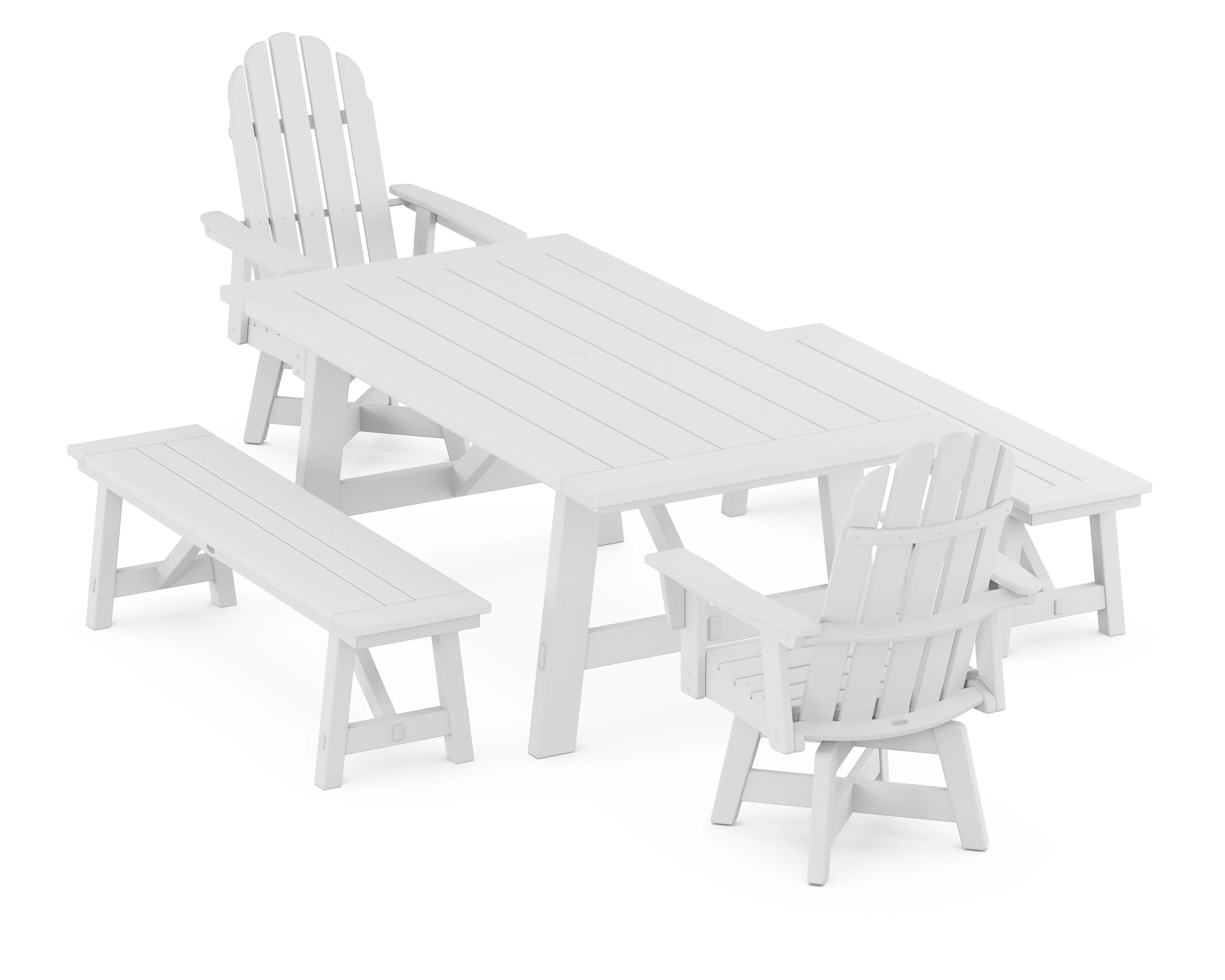 VineyardCurveback Adirondack Swivel Chair 5-Piece Rustic Farmhouse Dining Set With Benches - Image 5