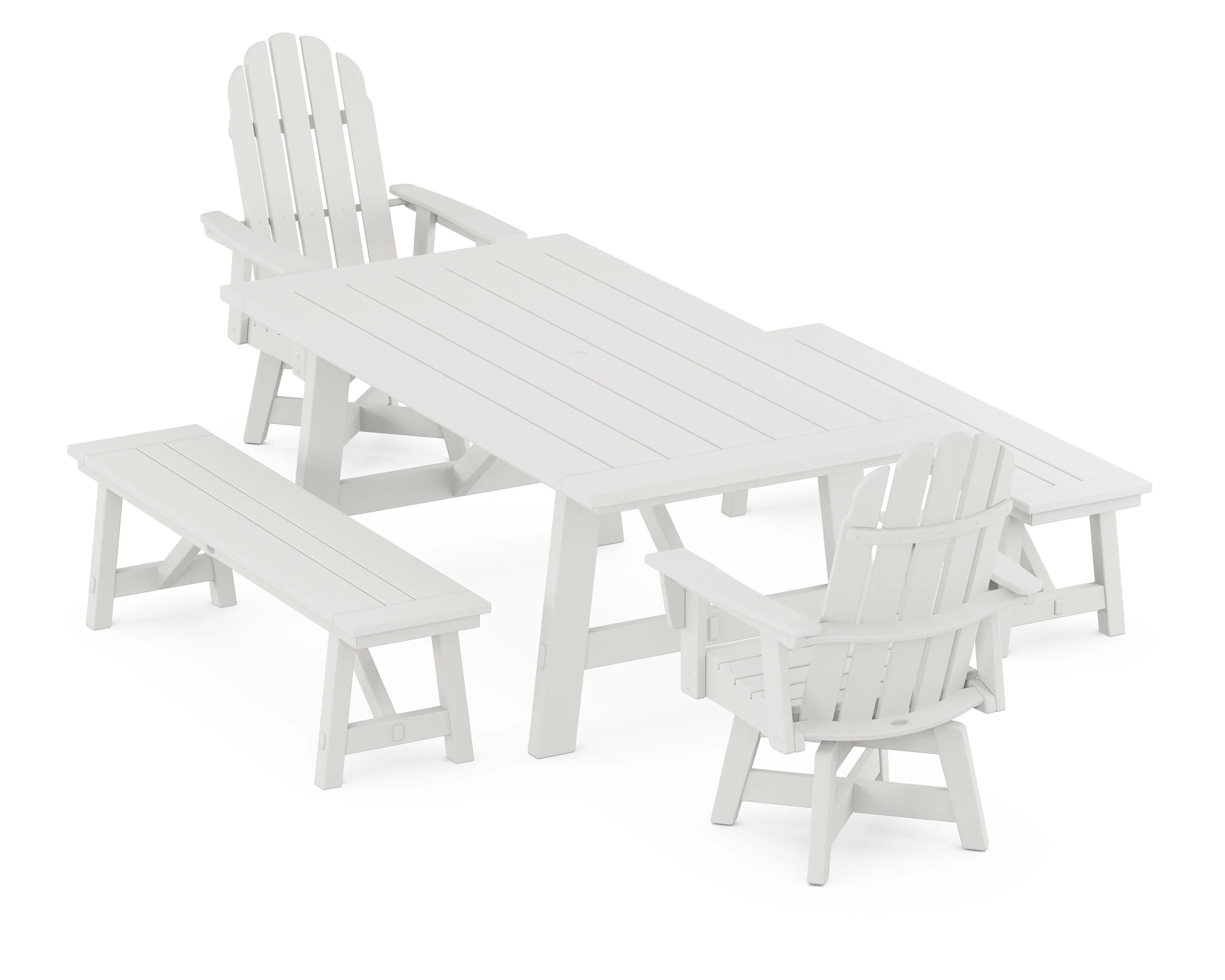 VineyardCurveback Adirondack Swivel Chair 5-Piece Rustic Farmhouse Dining Set With Benches - Image 7