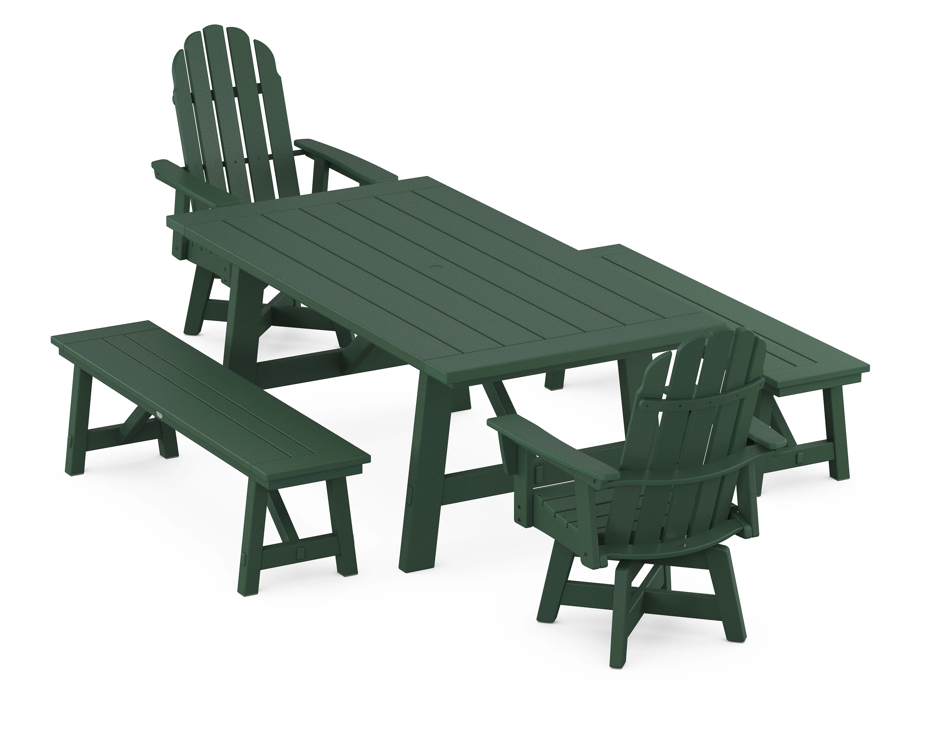 VineyardCurveback Adirondack Swivel Chair 5-Piece Rustic Farmhouse Dining Set With Benches - Image 9